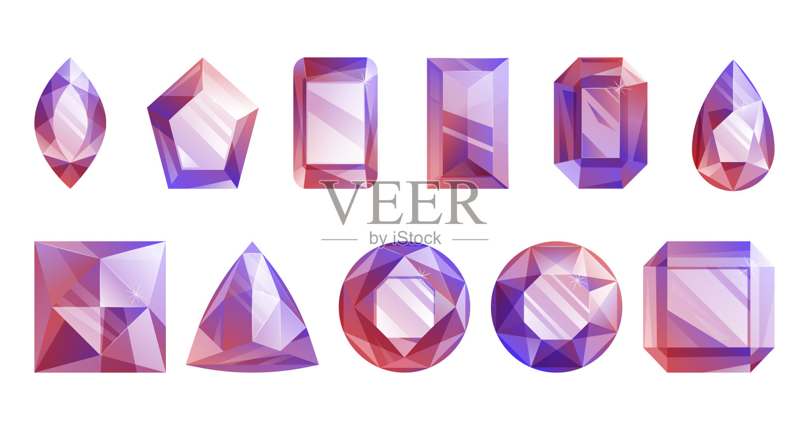 收集粉红色和紫色的宝石在各种形状。矢量集孤立的珠宝，卡通辉煌，钻石。插画图片素材