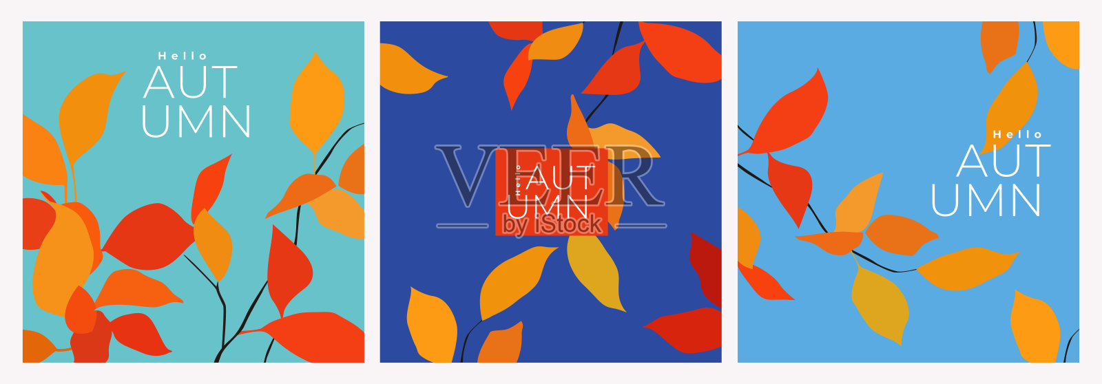 新潮的极简秋季集横幅，卡片，海报或封面与明亮美丽的秋叶在蓝色的天空背景。当代艺术风格。秋季模板广告，网络，社交媒体插画图片素材