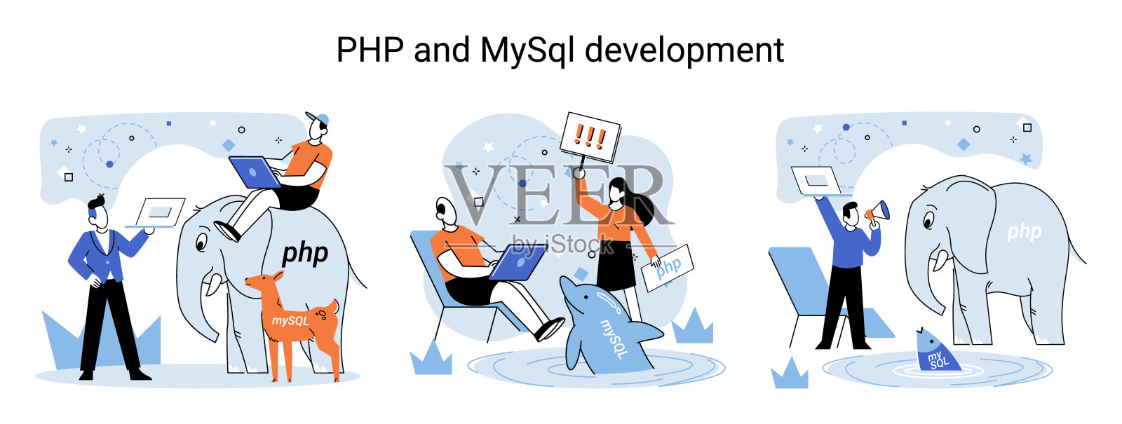 PHP和MySql开发。软件网站开发，程序员服务，编程语言插画图片素材