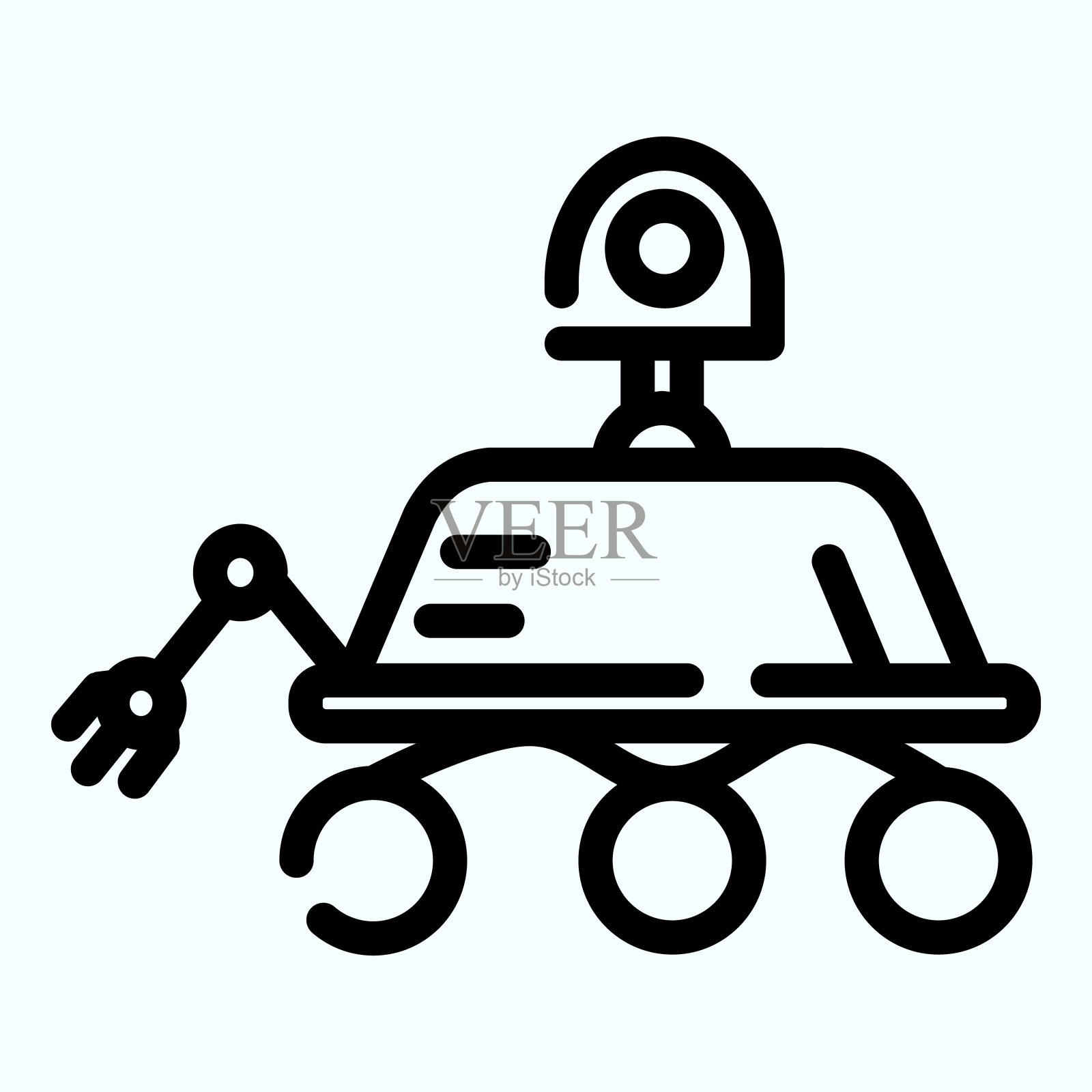 月球车线路图标。有三个轮子的月球探测车。世界空间周的设计理念，在白色上使用象形文字的轮廓风格和应用程序。插画图片素材