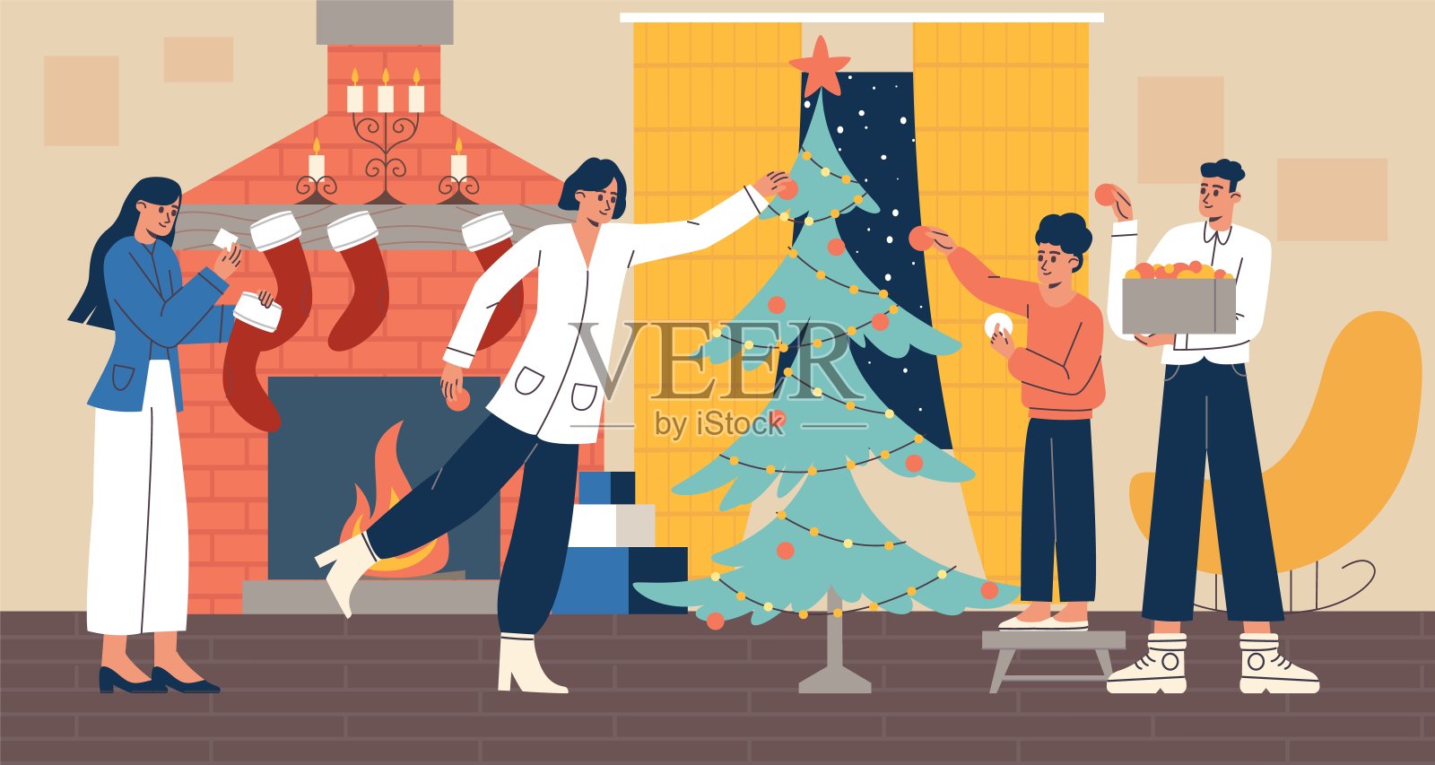 人们装饰圣诞树。一家人准备庆祝新年。节日活动正在等待。父母和孩子们一起在冷杉树上挂球。壁炉旁的礼物袜。向量的概念插画图片素材