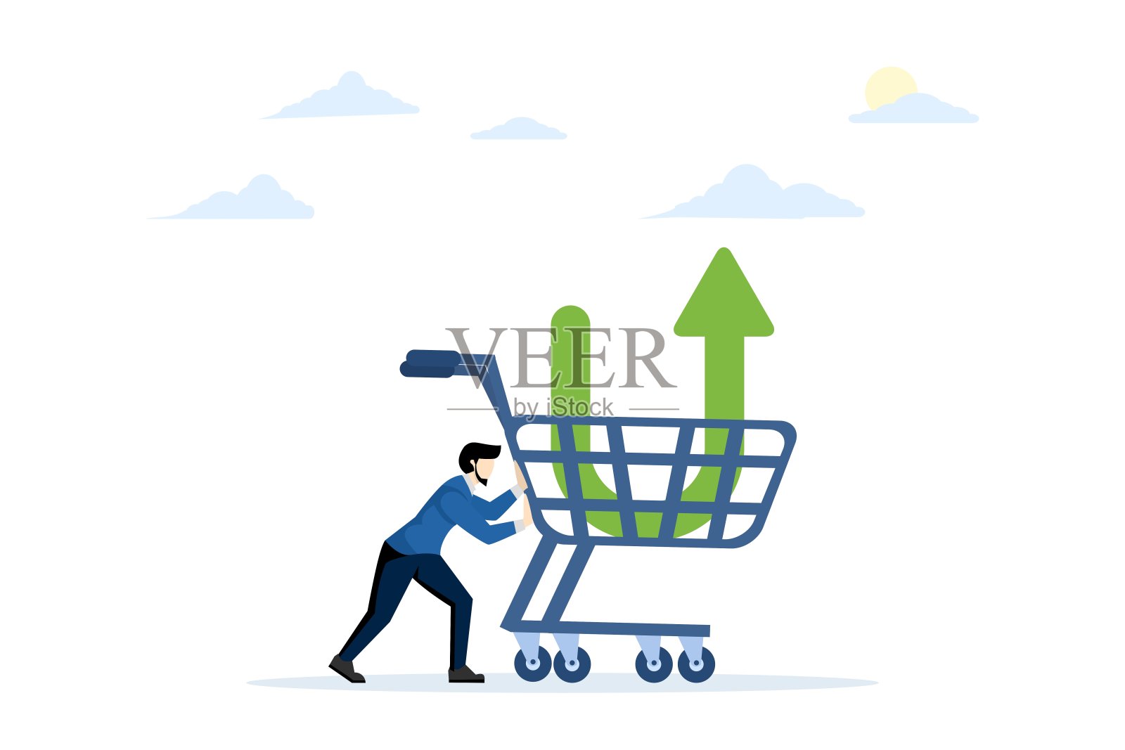 投资者在购物车里用向下的箭头图购买股票。在股价下跌时买入股票。从市场崩溃中获利。交易，股票市场，平面矢量插图在一个白色的背景。插画图片素材