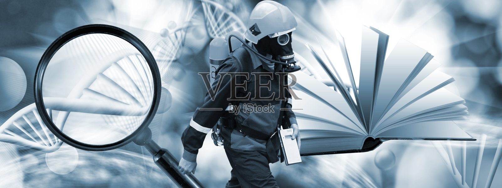 在这幅拼贴画中，一个人带着气球坐在隔离装置里，背景是一个带有放大镜和一本打开的书的DNA模型照片摄影图片