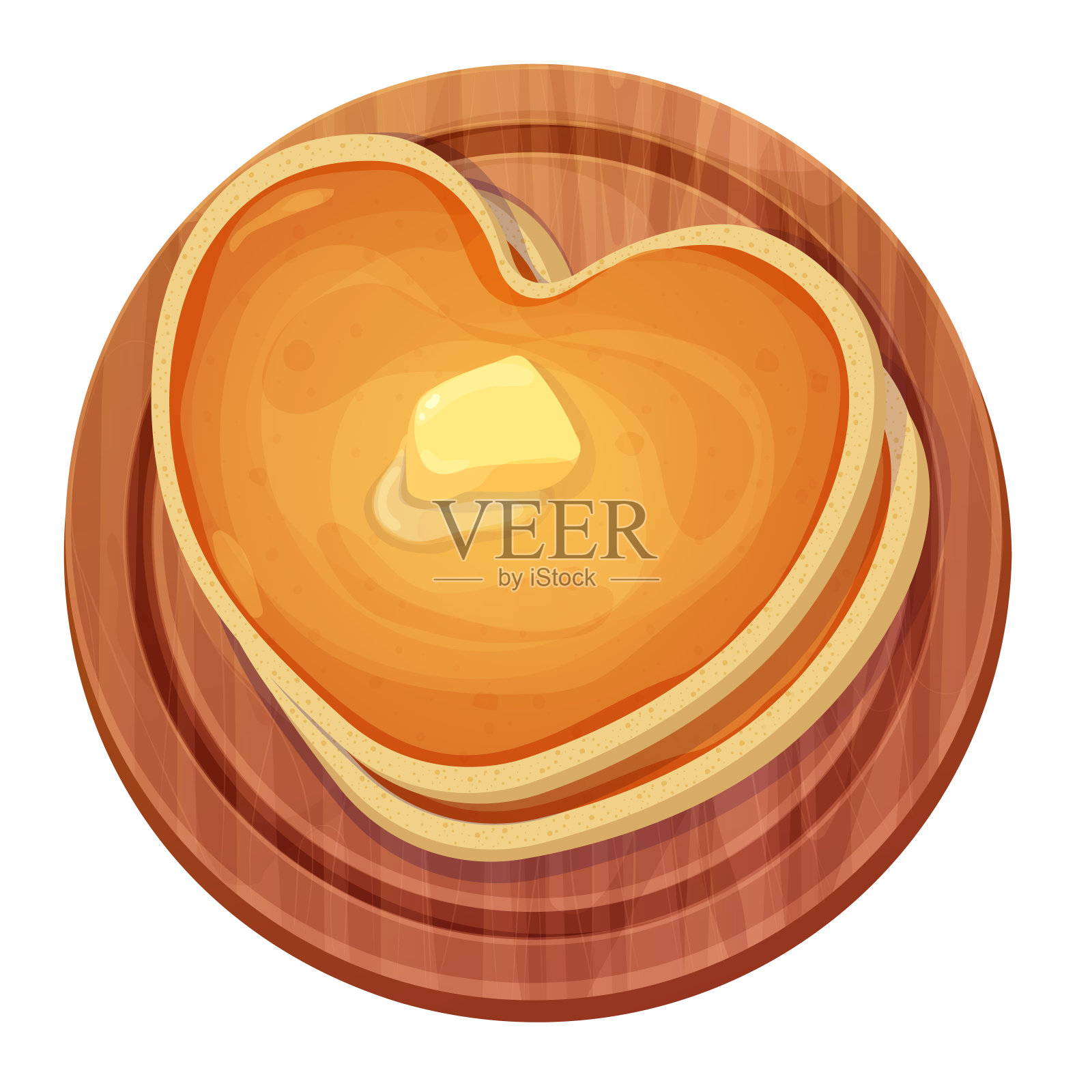 煎饼心形堆叠与黄油顶部视图在木板在卡通风格孤立的白色背景。浪漫的甜点，早餐。矢量图插画图片素材