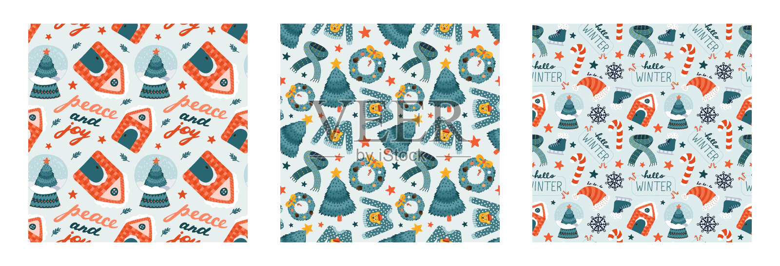 一套简单的无缝图案与圣诞涂鸦。可爱的印刷与手绘冬季剪贴画。可爱的墙纸印花织物设计与圣诞节和新年的象征。创造性的背景。插画图片素材