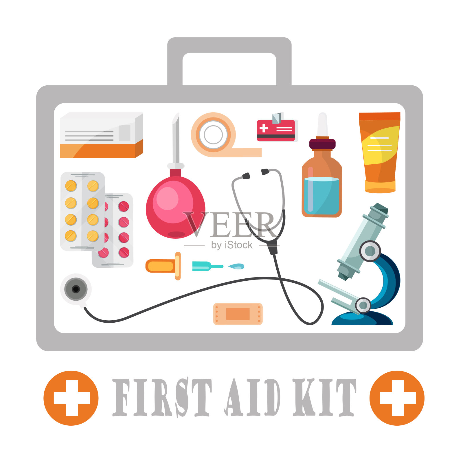 医学和救护车的概念。救护车帮助药用对象和药物在一个孤立的白色背景平坦的风格。插画图片素材