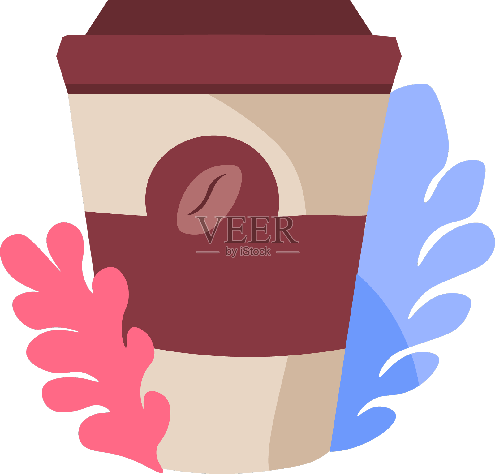 咖啡装在塑料杯里，上面有咖啡豆的标志和鲜花设计元素图片