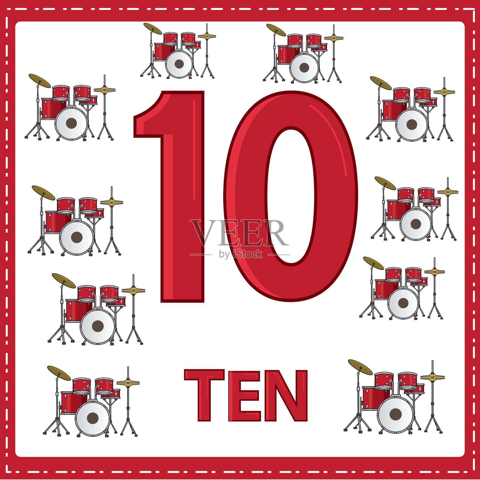 幼儿数字教育插图。为孩子学会了数数字10与10鼓组所示的图片在乐器类别插画图片素材