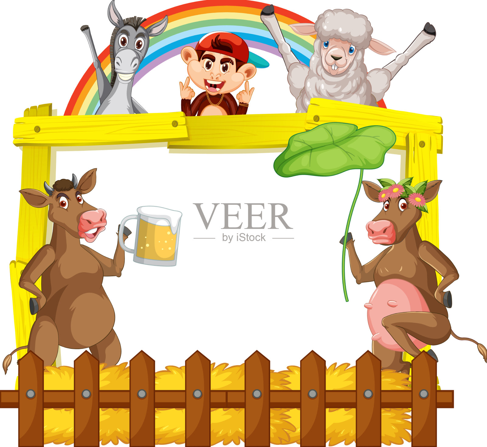 标志板与动物农场在白色背景插画图片素材