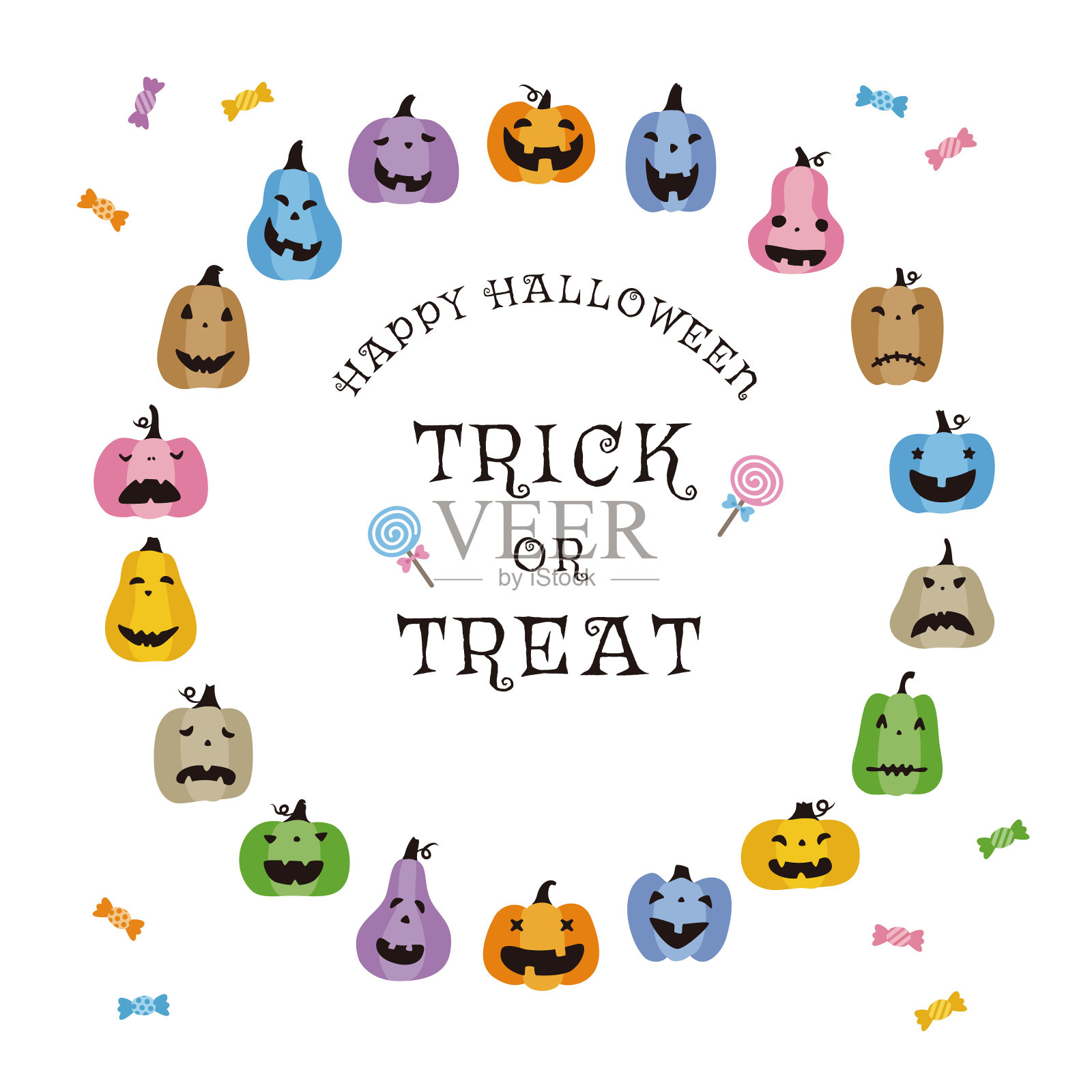 万圣节花环上有五颜六色的杰克o灯笼和糖果，五颜六色的南瓜和糖果插画图片素材