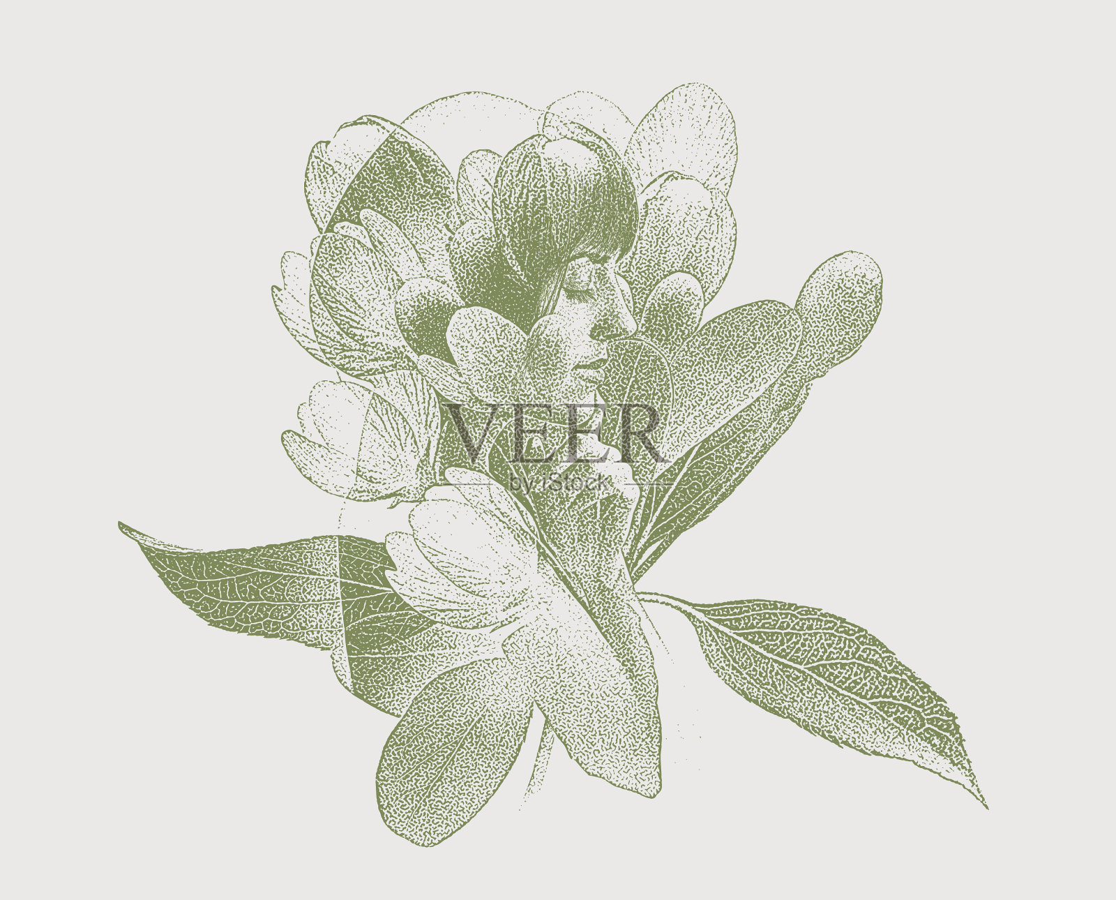 多重曝光的年轻女子和苹果花插画图片素材