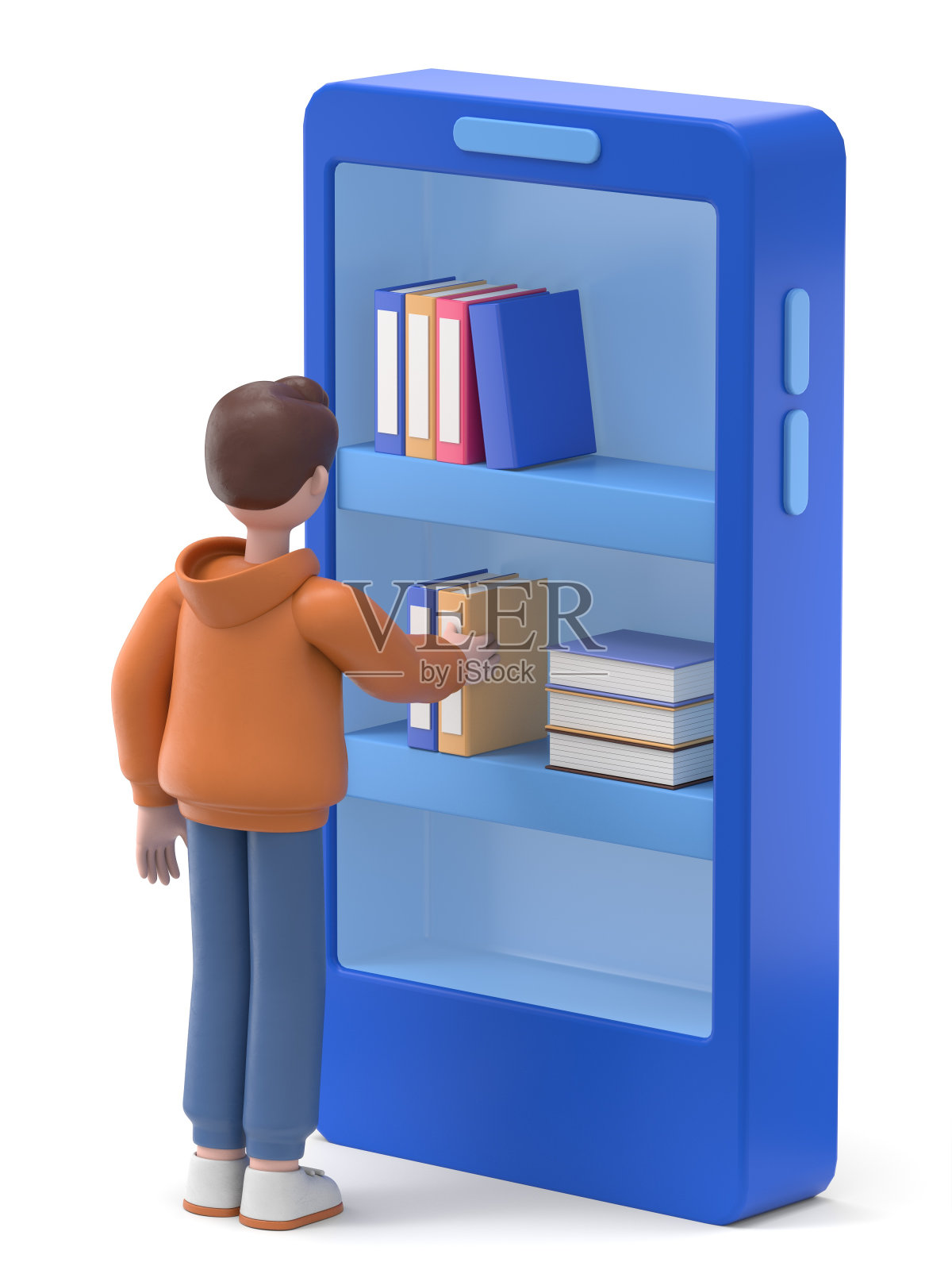 微笑的亚洲男性卡迪尔在图书馆图标书架上拿书的3D插图。男性在学校、学院或大学阅览室学习。照片摄影图片