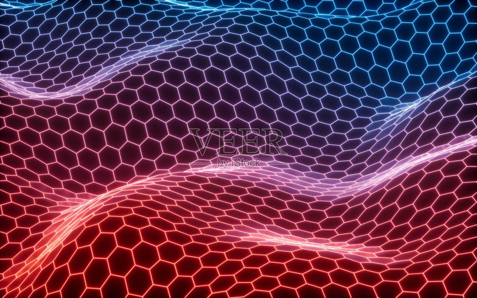 发光六边形网格霓虹灯背景，3d渲染。照片摄影图片