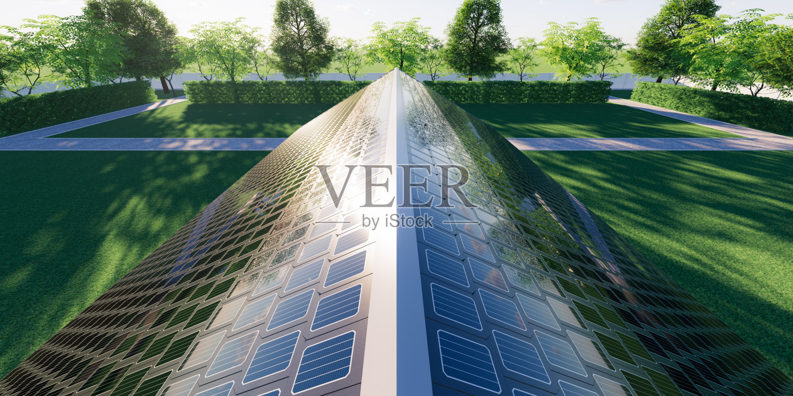 3d渲染的太阳能或光伏瓦产生电力的阳光。照片摄影图片