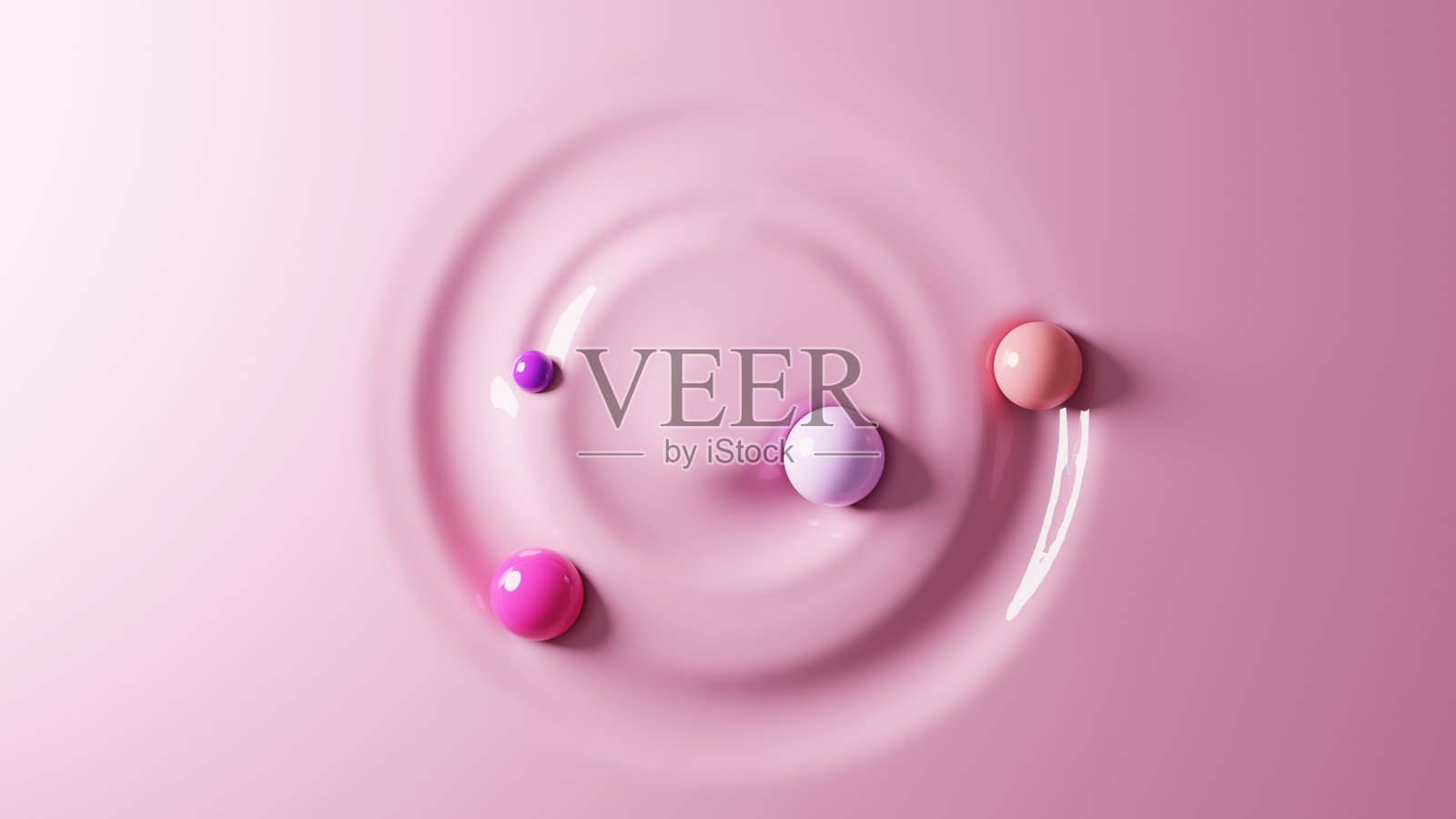 液体背景，其中四个球描绘圆圈。3 d渲染。照片摄影图片