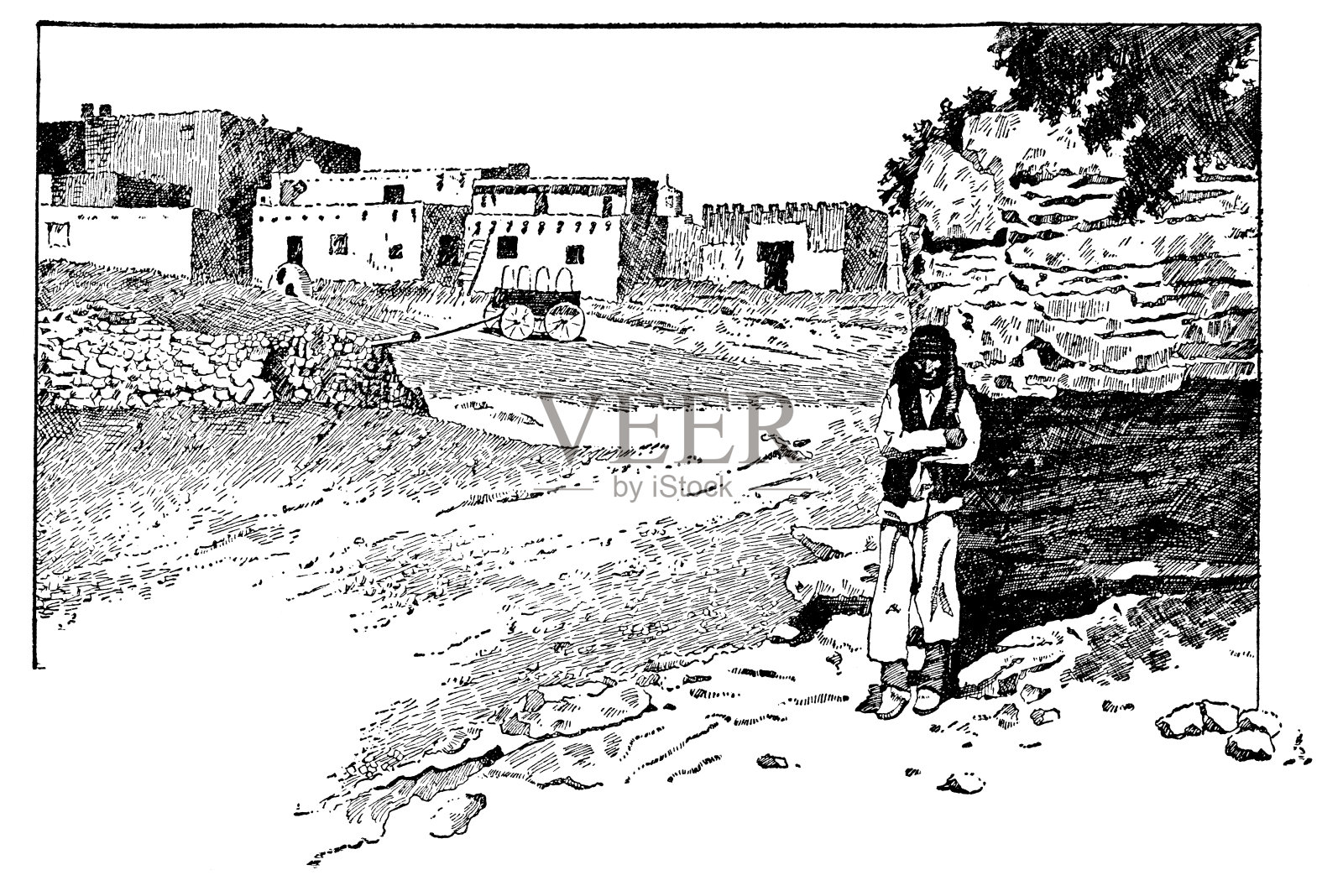 美国新墨西哥州的奥多比普韦布洛牧场- 19世纪插画图片素材