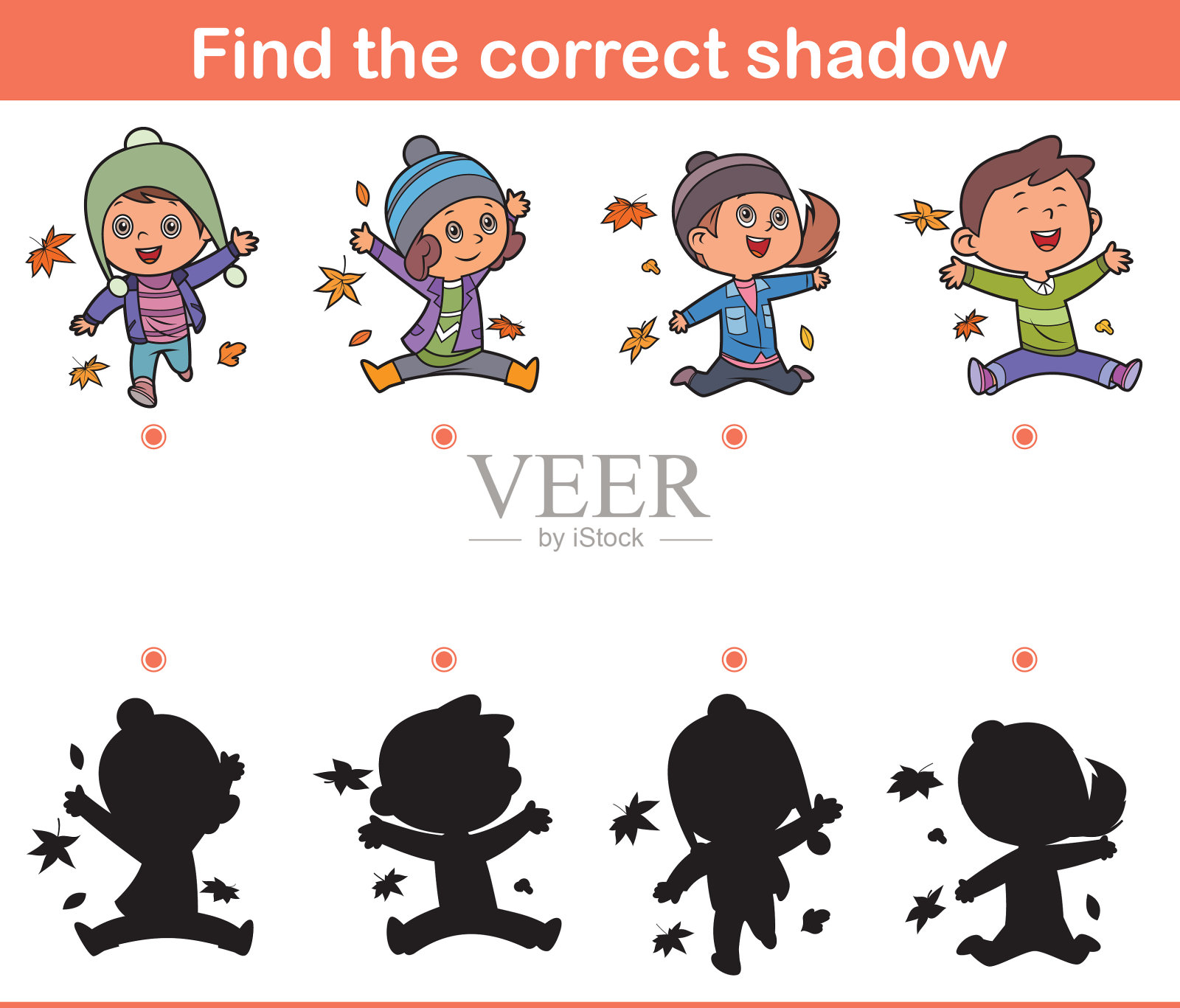 儿童益智游戏。找到合适的影子。孩子们在秋天玩落叶插画图片素材