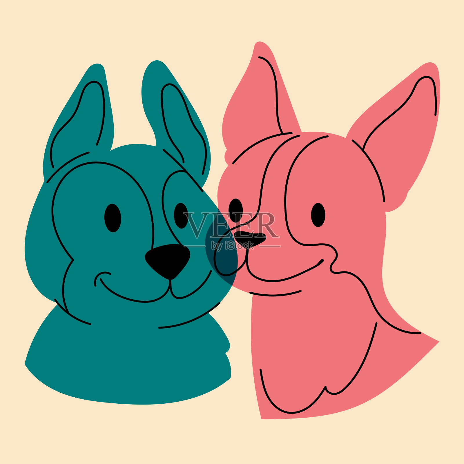 狗。头像，徽章，海报，标志模板，打印。矢量插图在极简主义风格与Riso打印效果。平面卡通风格插画图片素材