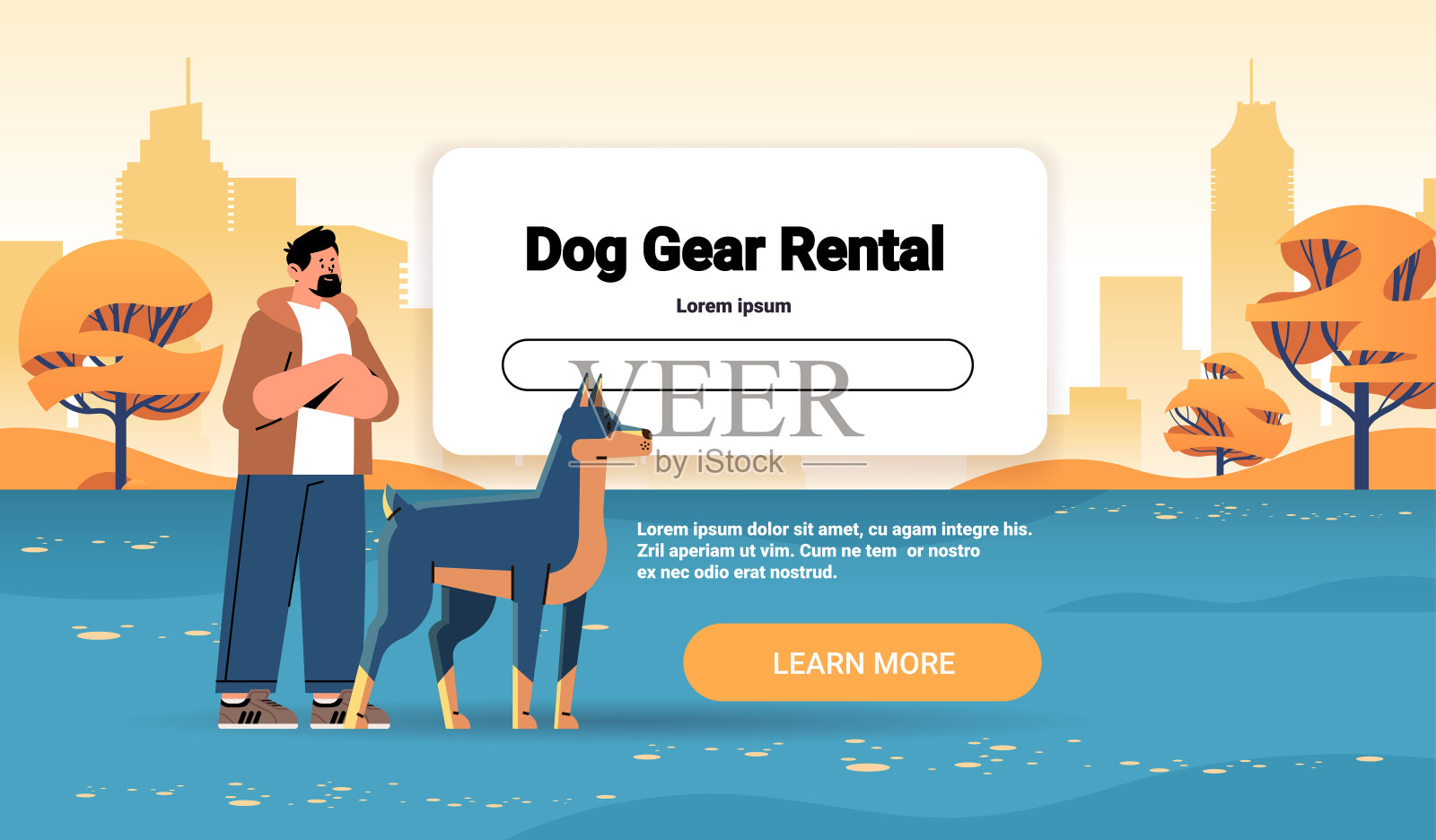 盖伊宠物主人与可爱的狗使用装备租赁应用程序最好的朋友家养动物的友谊概念横向插画图片素材