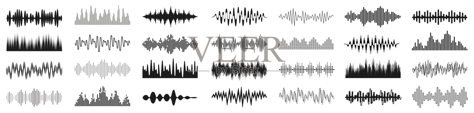 设置声波标志，音乐声波收集图标，数字和模拟线波形，电子信号，录音，均衡器-为库存插画图片素材