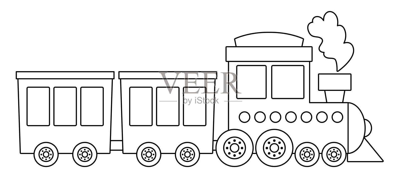 矢量黑白蒸汽火车。有趣的线机车或机车与黄色车厢的孩子。可爱的车辆剪贴画。公共交通图标或彩色页面隔离在白色背景上插画图片素材