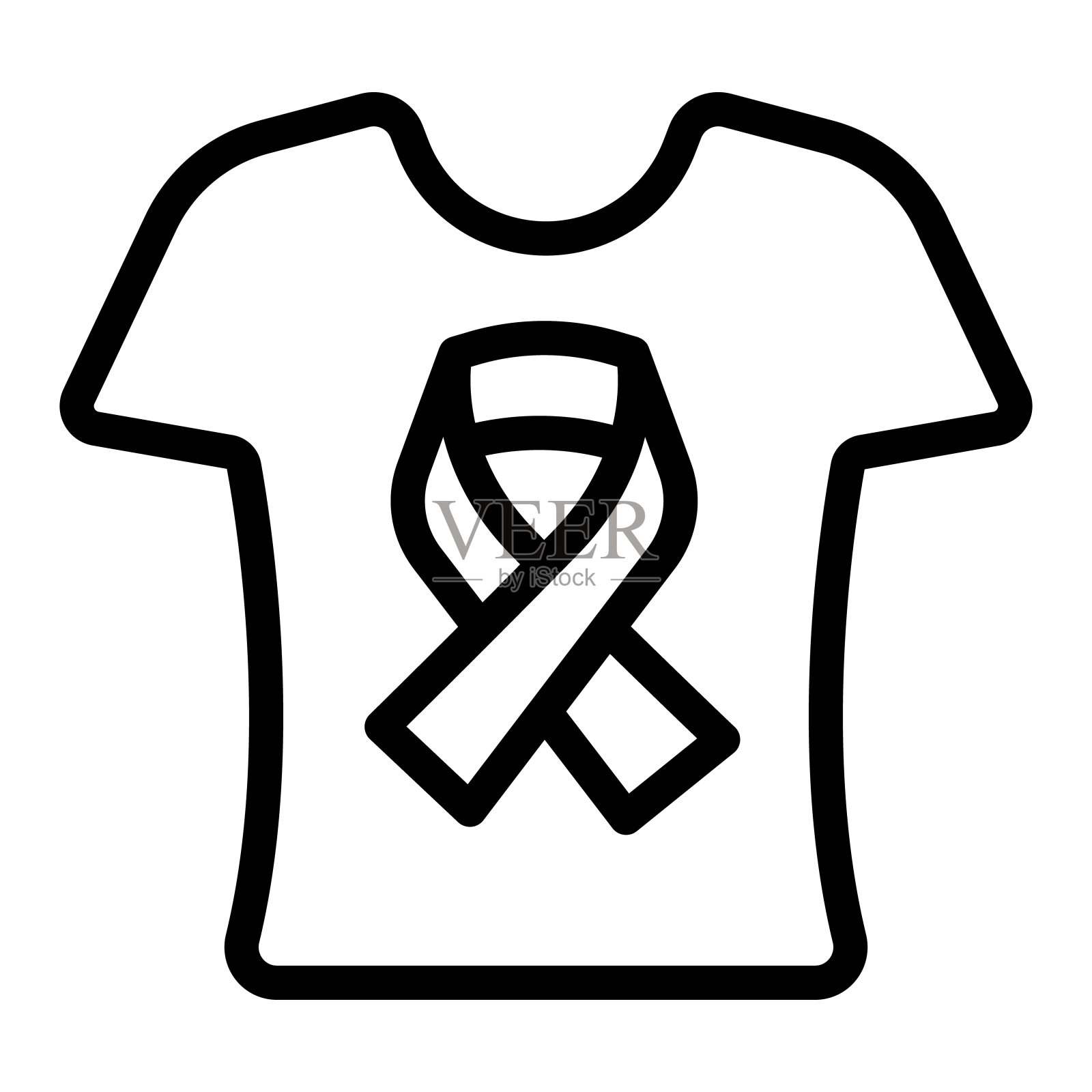 t恤丝带线图标，世界癌症日概念，乳腺癌意识标志在白色背景，癌症丝带符号t恤图标轮廓风格。矢量图形。插画图片素材