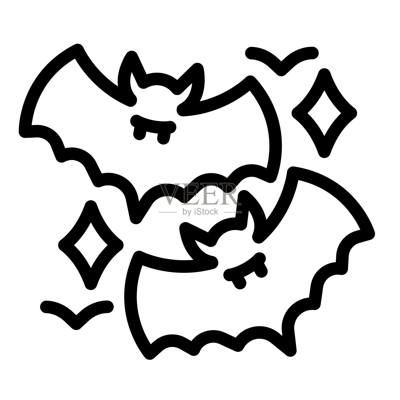 两个蝙蝠和星星，吸血鬼，万圣节线图标，万圣节概念，恐怖之夜矢量标志白色背景，轮廓风格图标移动概念网页设计。矢量图形。插画图片素材