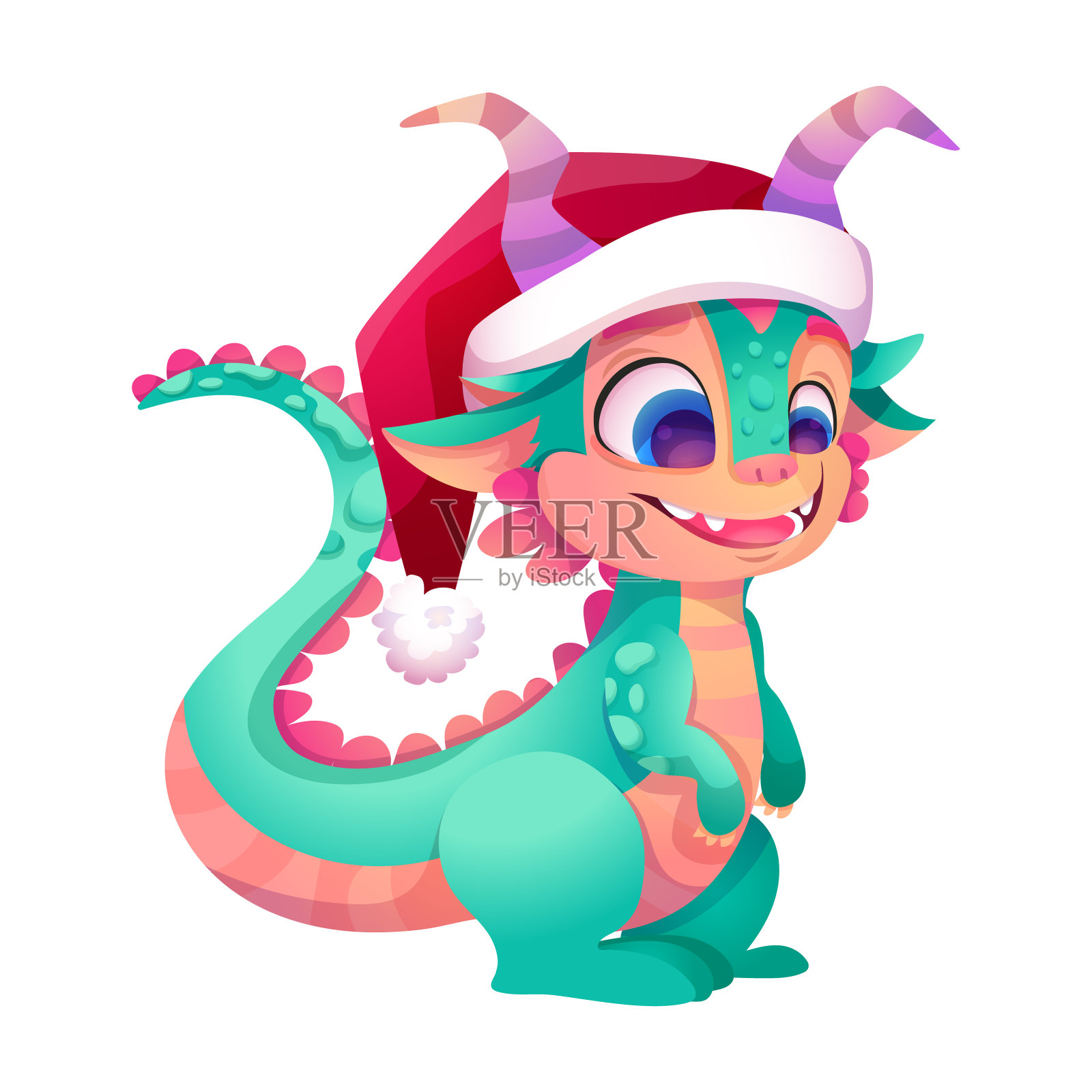 戴着可爱的圣诞帽，祝龙2024年春节快乐。生肖卡通矢量字符隔离在白色背景插画图片素材