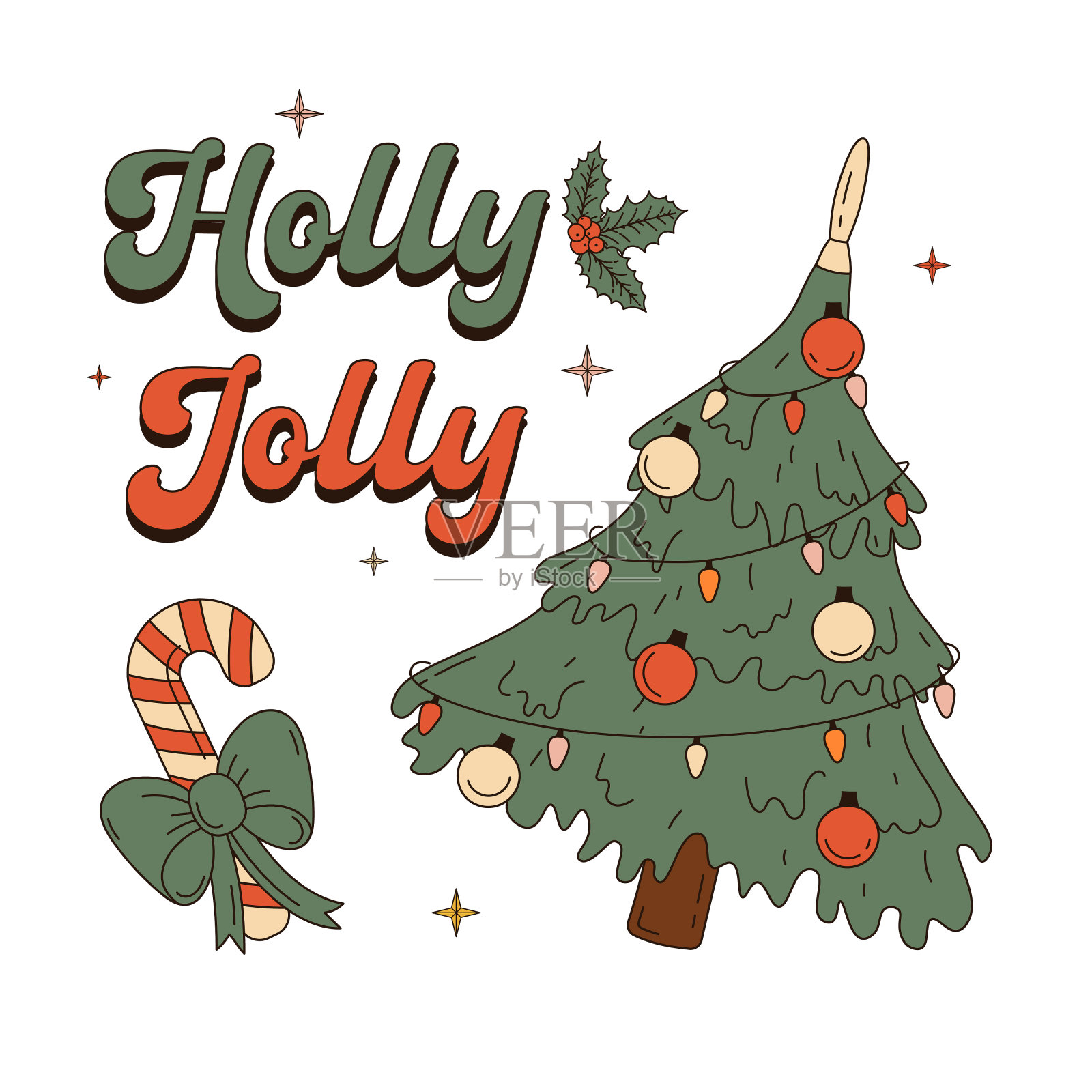 矢量插图冬青乔利字母文字标志。复古铭文与圣诞树。插画图片素材