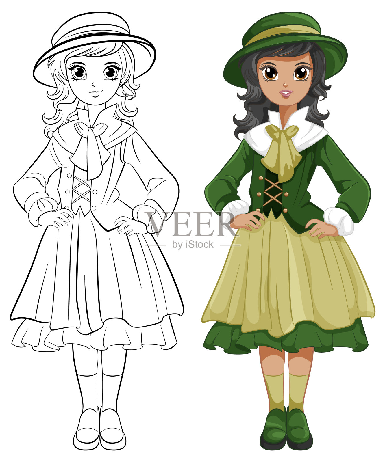 穿着复古服装的可爱女人插画图片素材