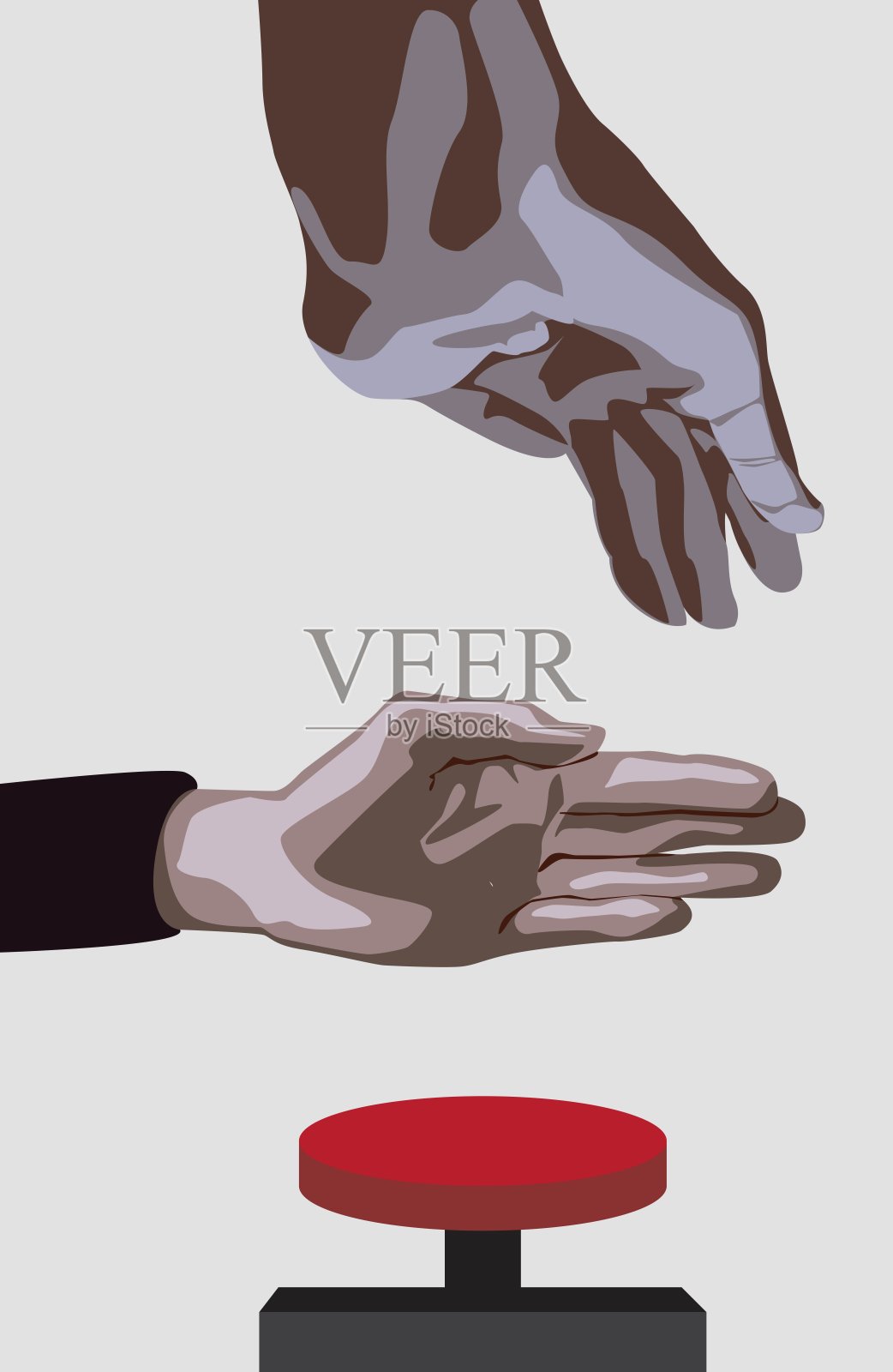 一只手试图够到并按下红色的大按钮，另一只手试图阻止第一个人。插画图片素材