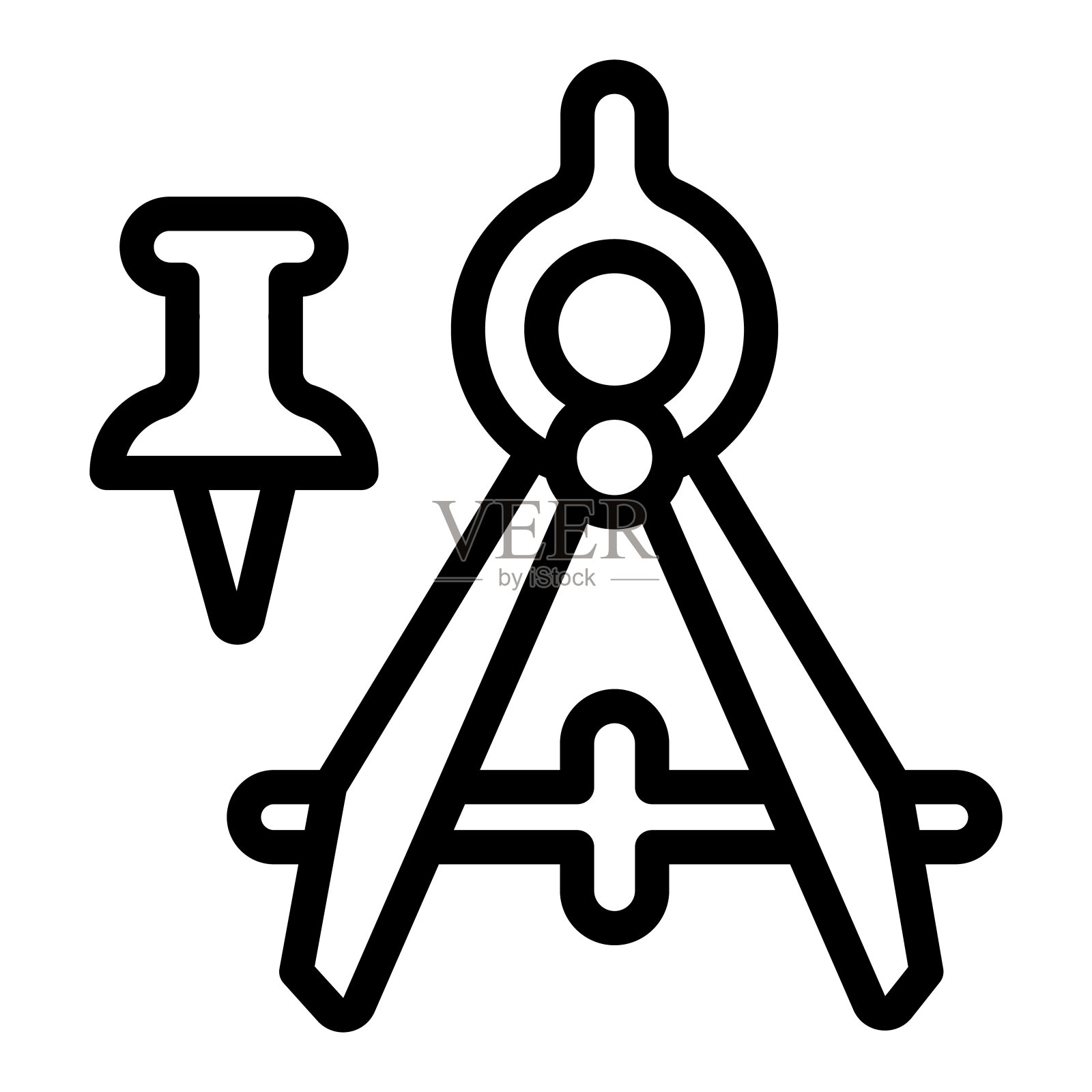 绘制指南针和推针线图标，办公用品概念，起草工具矢量标志在白色背景，轮廓风格图标移动概念网页设计。矢量图形。插画图片素材