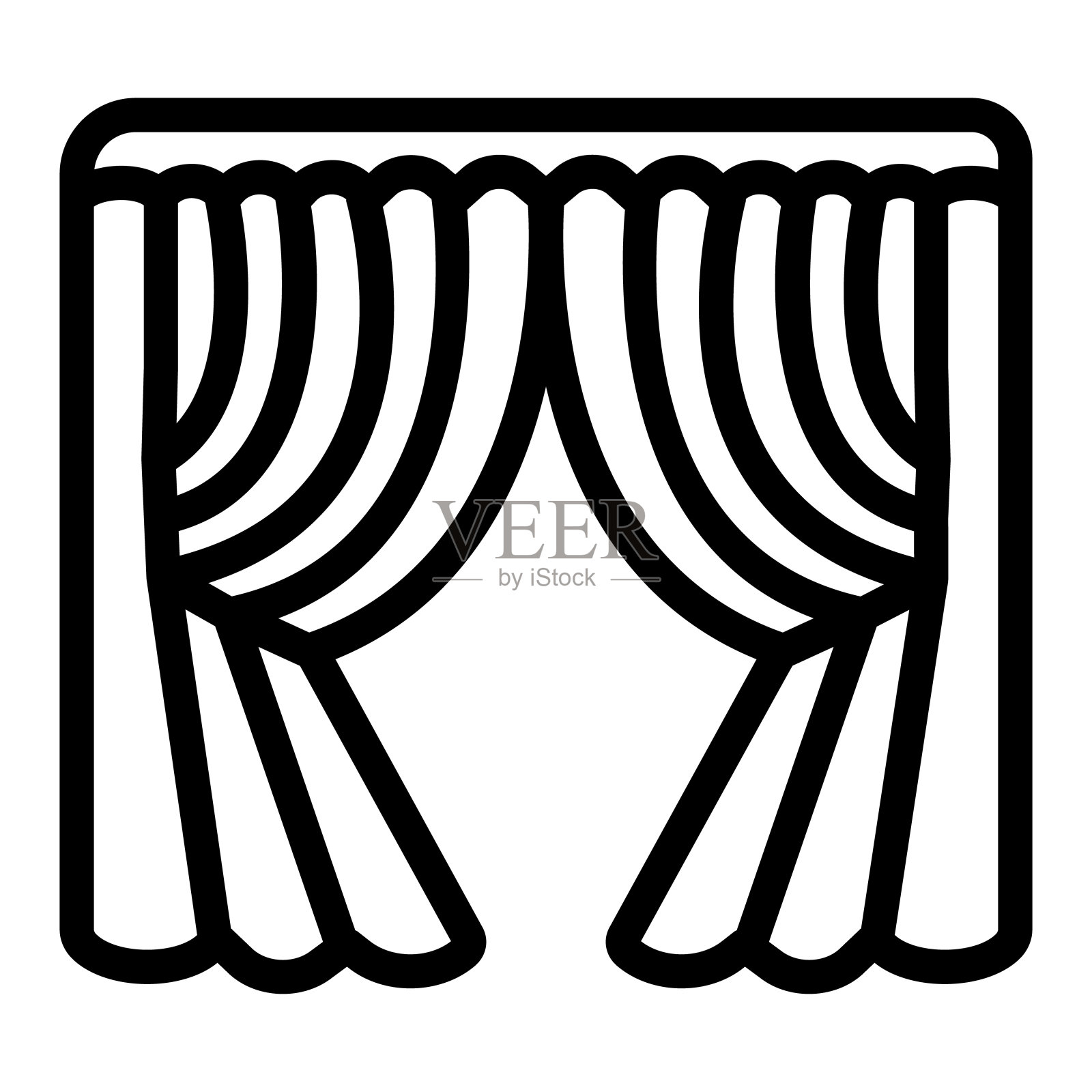 丝绸舞台窗帘线图标，剧院概念，白色背景上的天鹅绒窗帘矢量标志，轮廓风格图标移动概念网页设计。矢量图形。插画图片素材