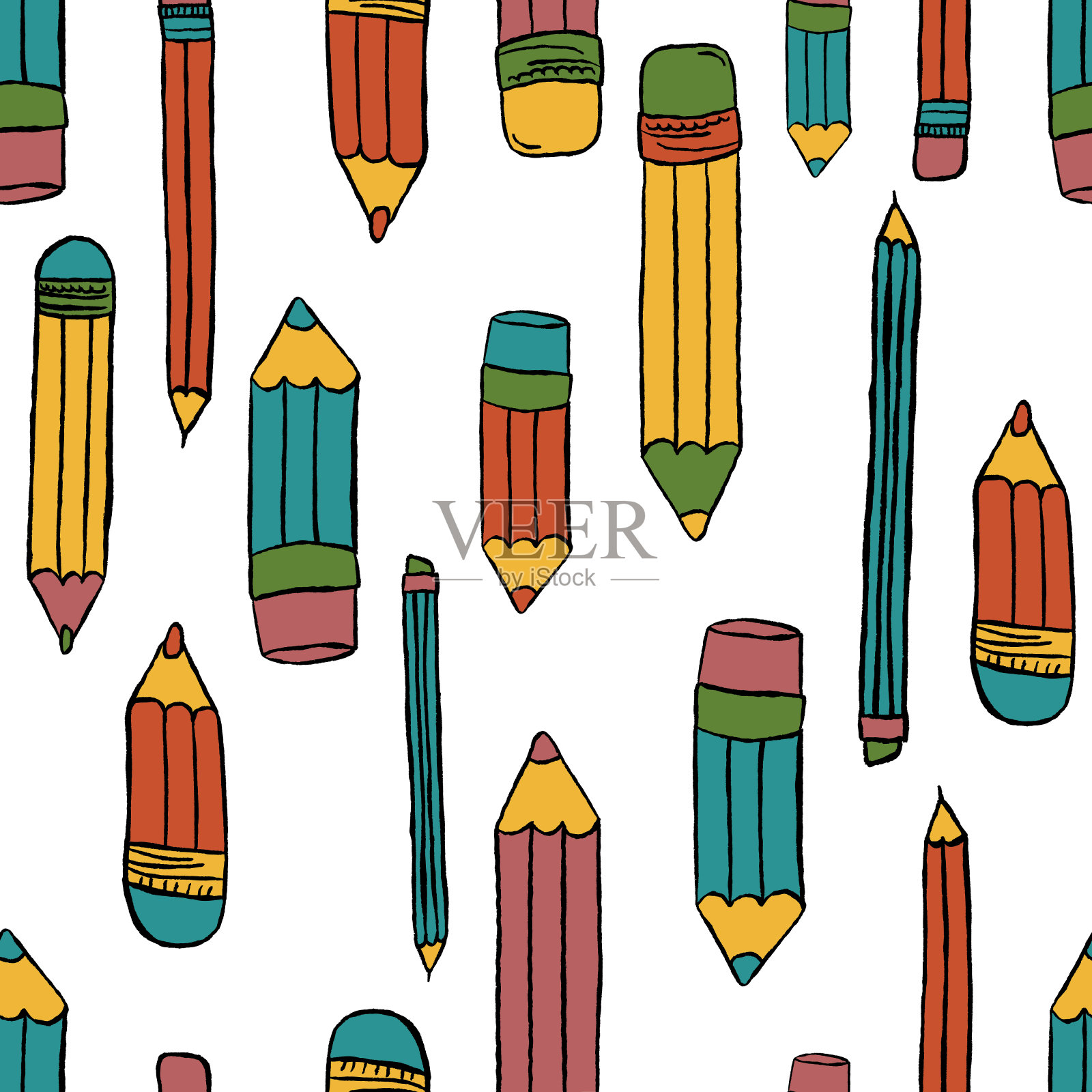 铅笔无缝图案。手绘蜡笔收藏。丰富多彩的元素。儿童风格的铅笔。涂鸦蜡笔。可爱的壁纸。矢量插图在白色的背景插画图片素材