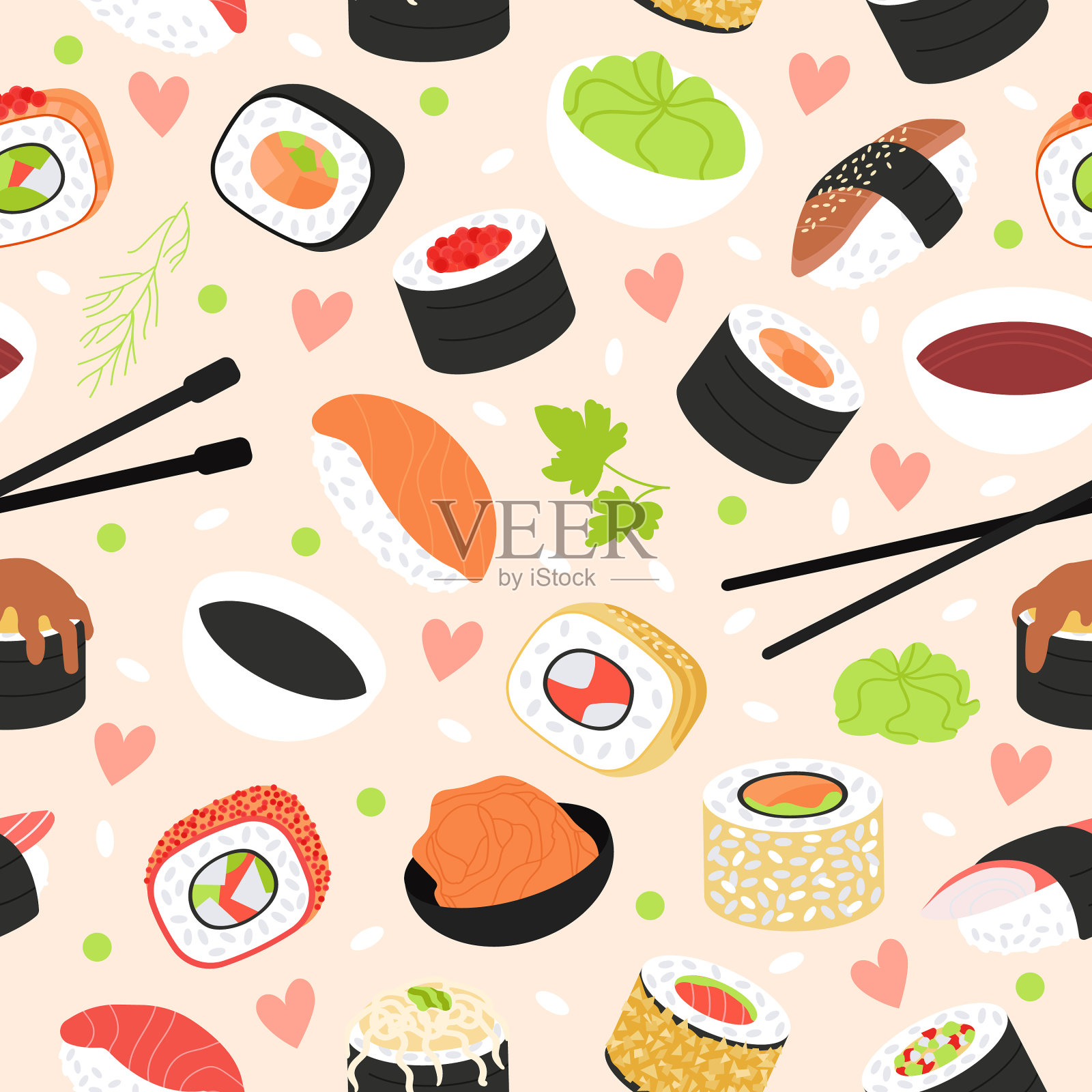寿司无缝图案卡通鲑鱼和插画图片素材