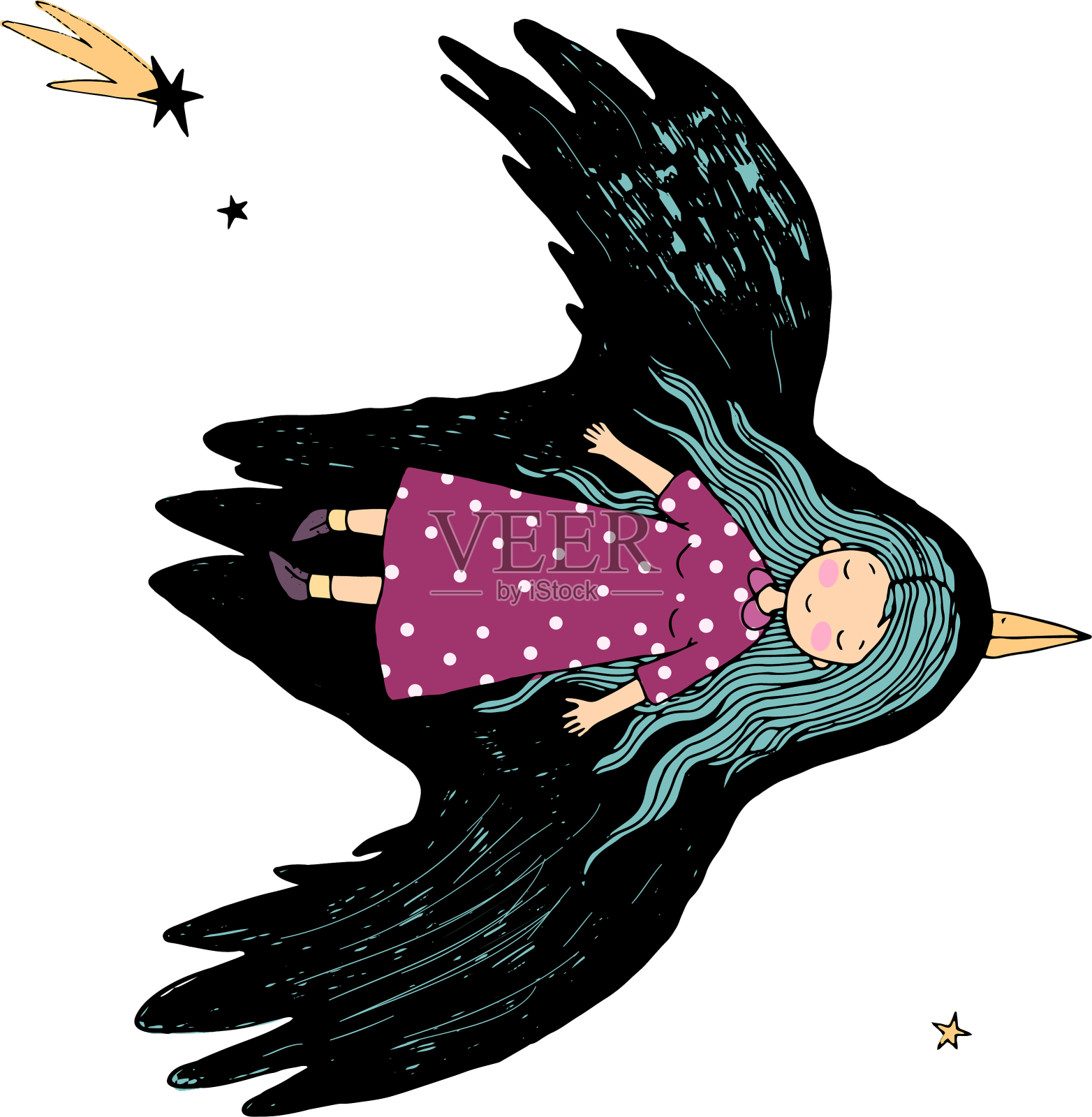 一个女孩和一只鸟正飞过天空设计元素图片