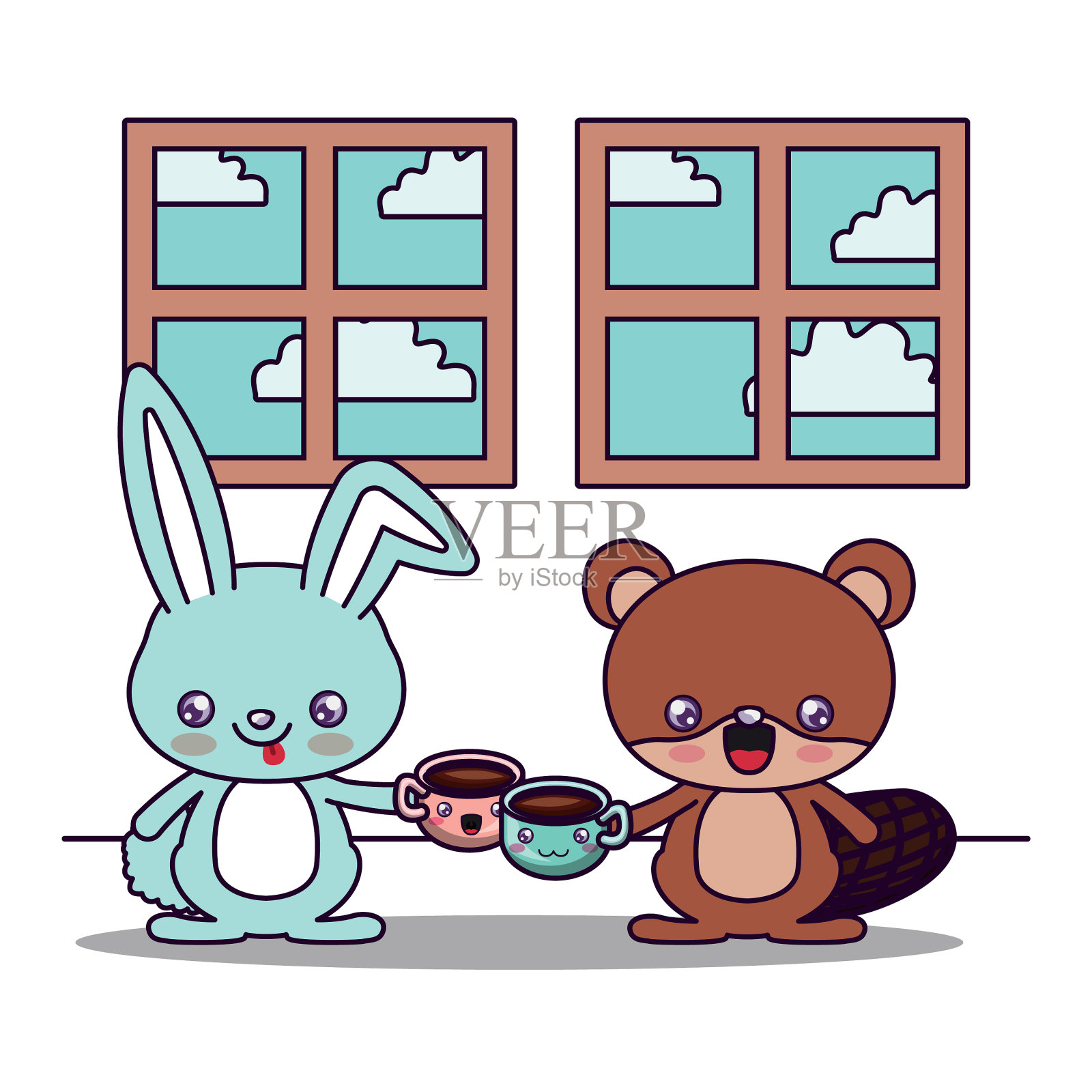 可爱的海狸和兔子卡通设计插画图片素材