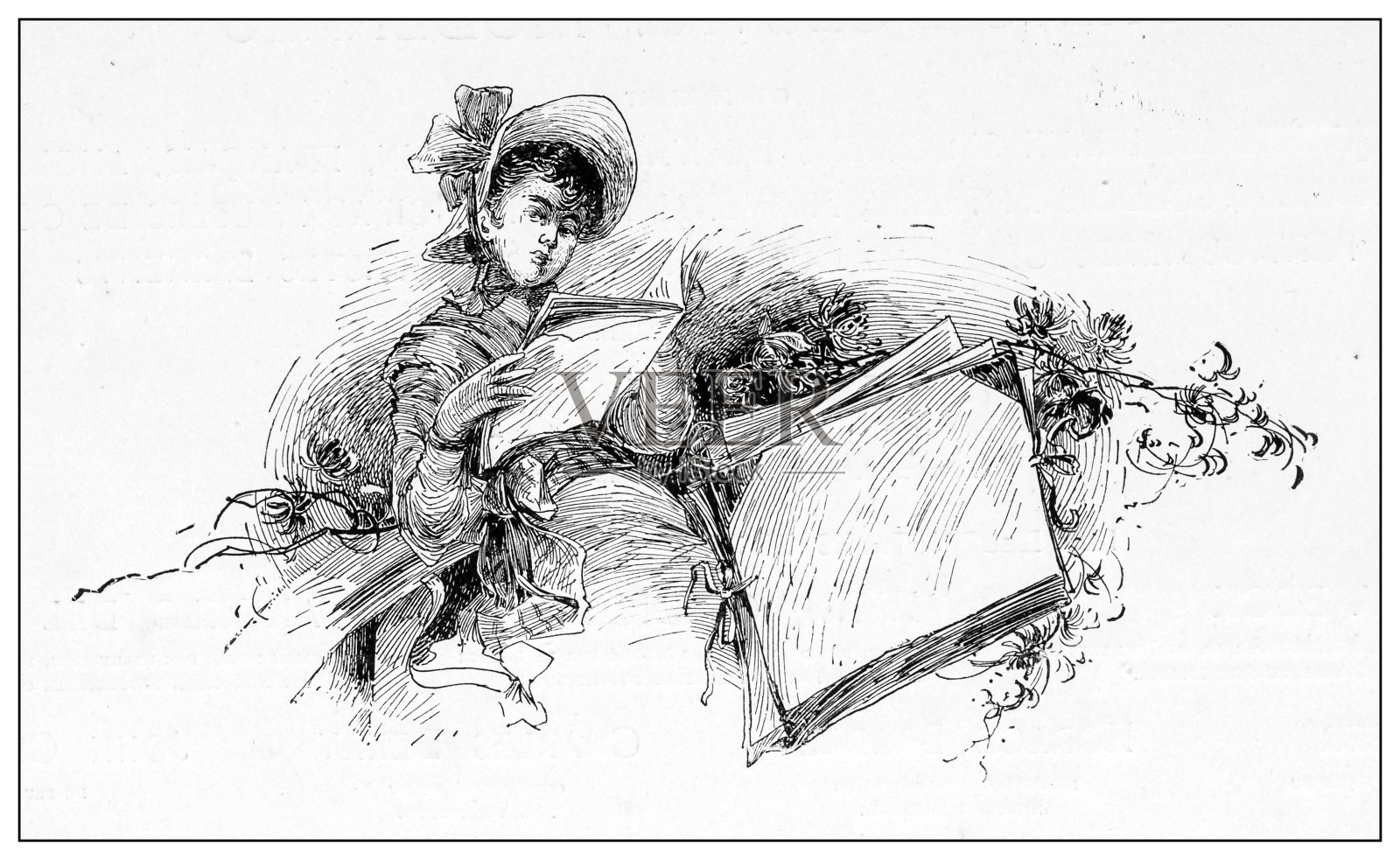 19世纪古董名画:女人阅读插画图片素材