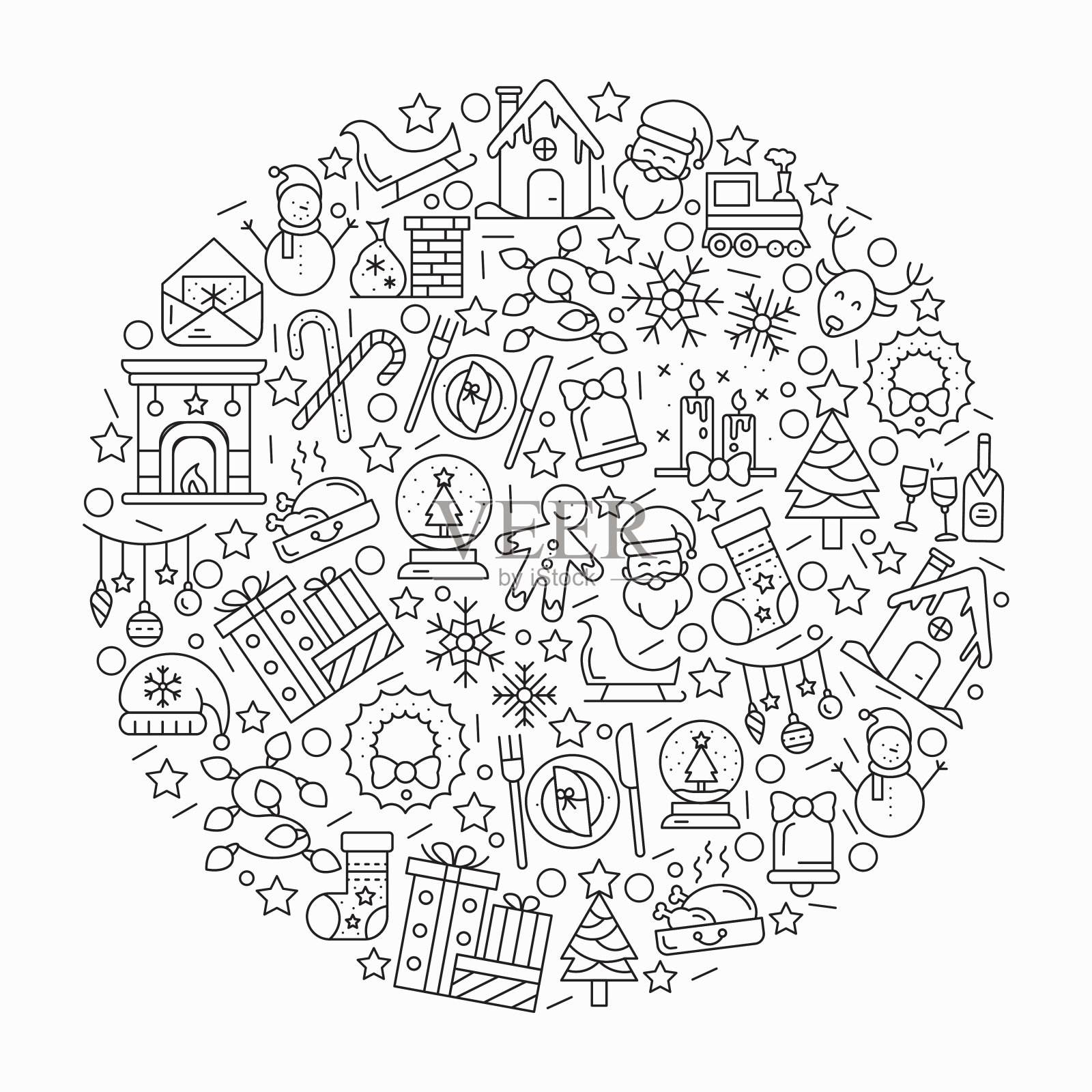 圣诞和新年的图标设置在细线风格插画图片素材