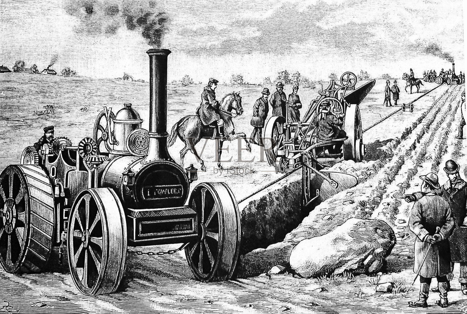 蒸汽在地里犁地插画图片素材