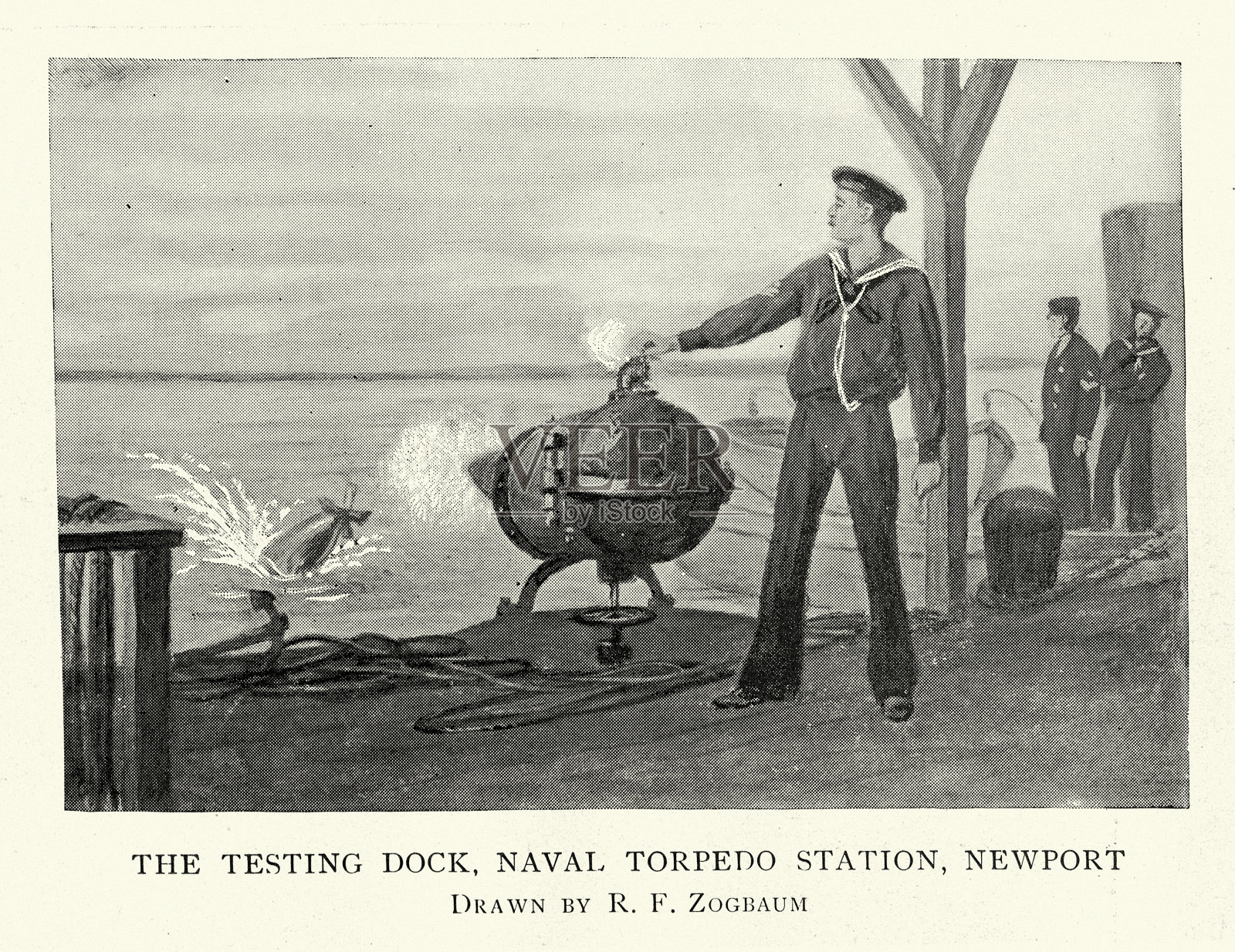 19世纪，纽波特，美国海军水兵正在测试发射鱼雷插画图片素材