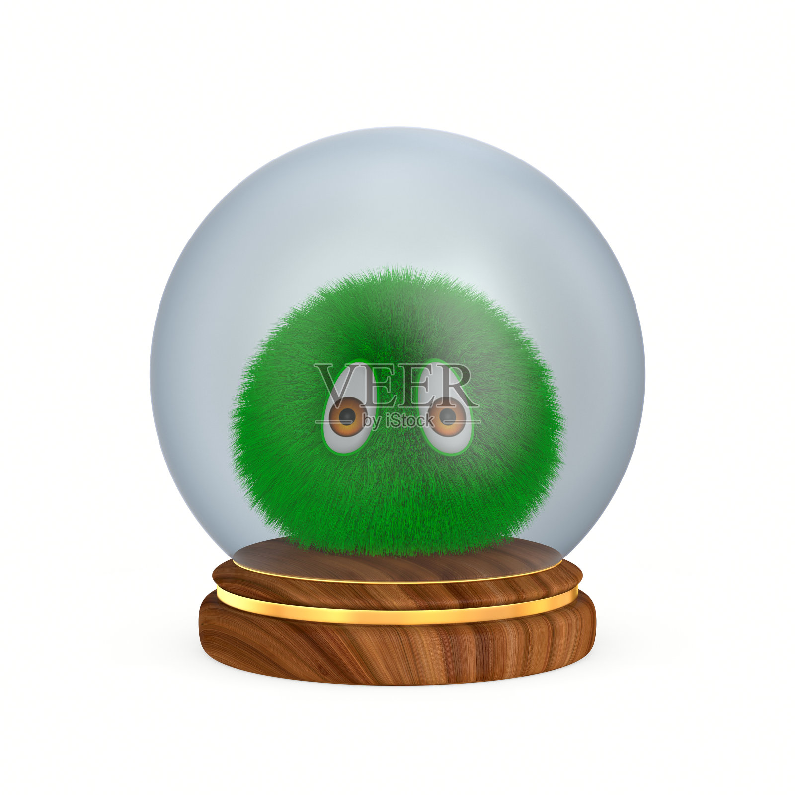 木制平台上的玻璃圆顶和毛茸茸的怪物。孤立的3D插图在白色背景照片摄影图片