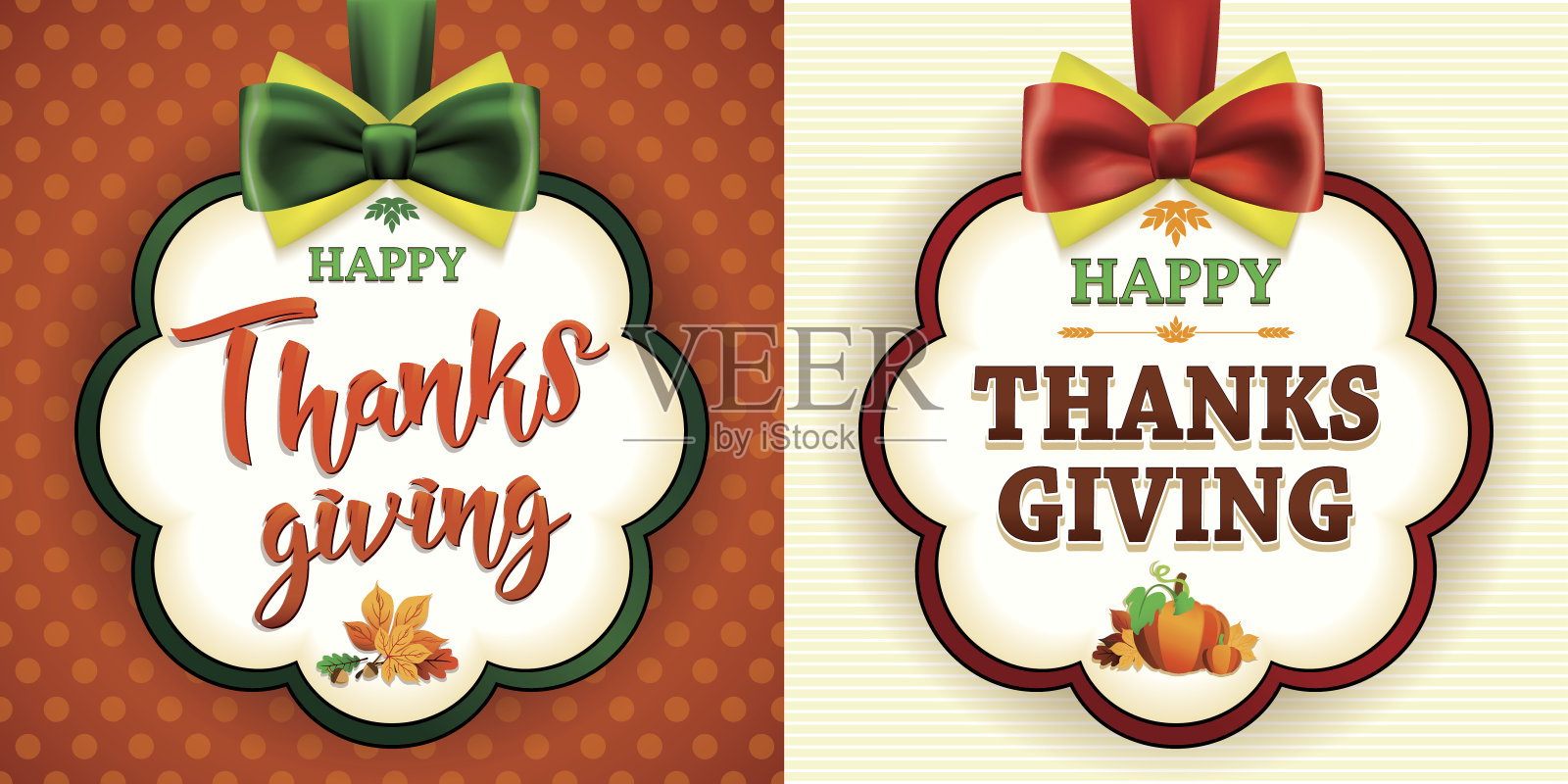 感恩节快乐两张绸缎蝴蝶结贺卡插画图片素材