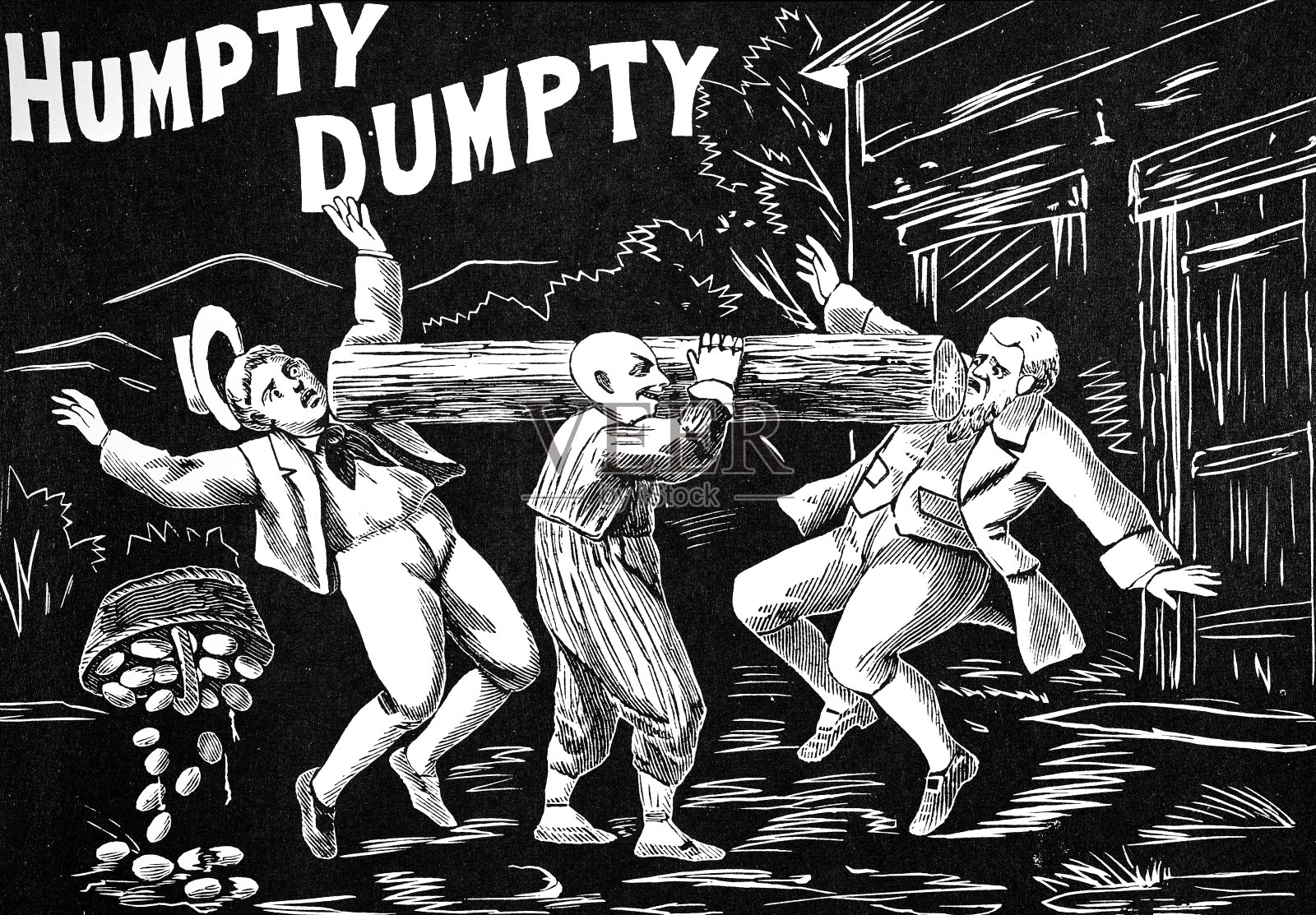 一个矮胖的人用肩上的箱子打了两个人插画图片素材