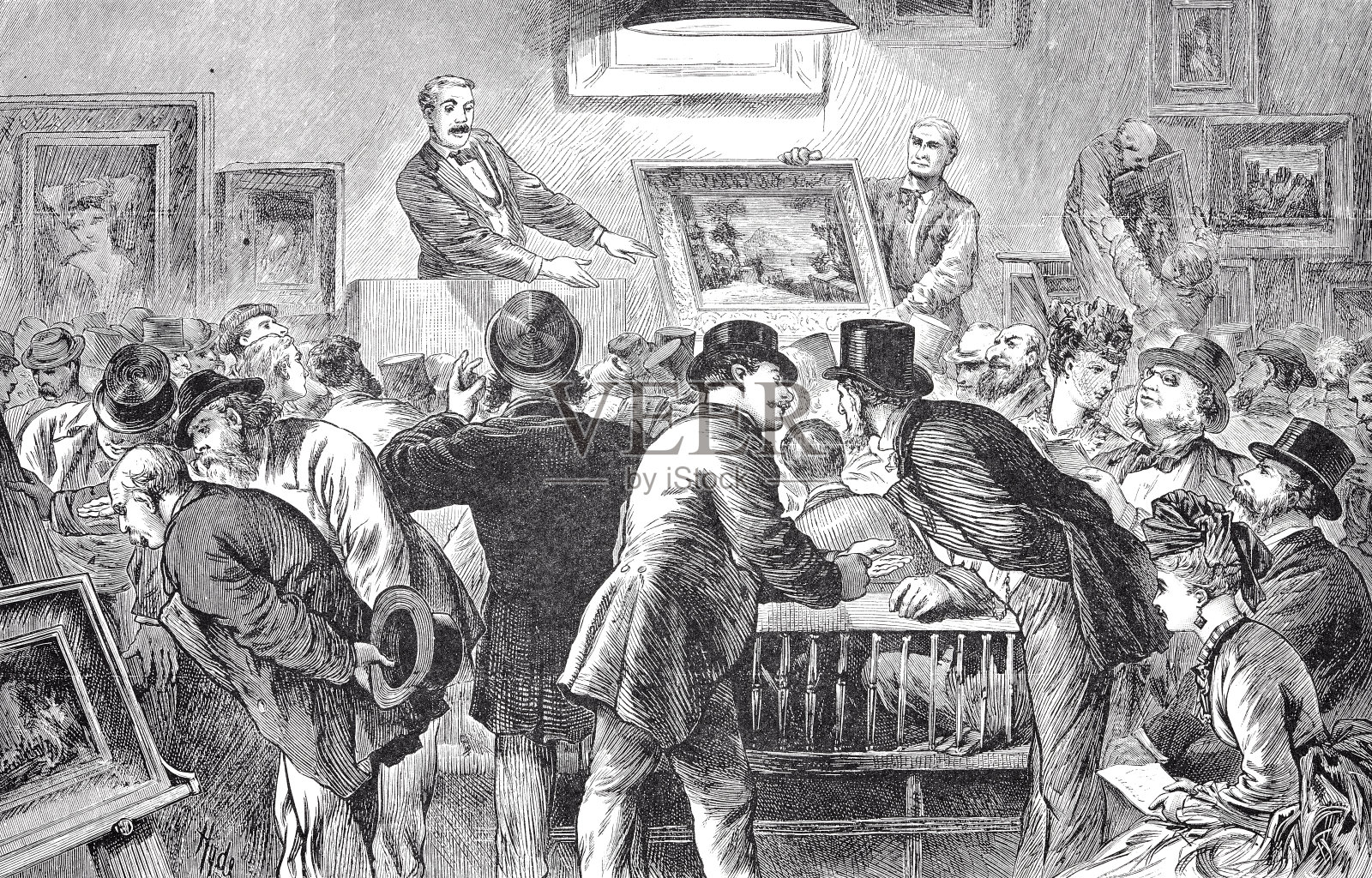 1875年，纽约的一场绘画拍卖会插画图片素材