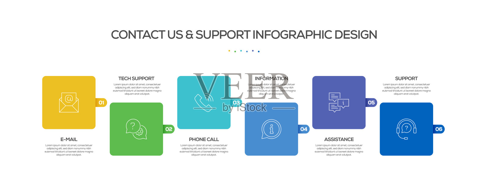 联系我们并支持相关的工艺信息图表模板。过程时间图。带有线性图标的工作流布局插画图片素材