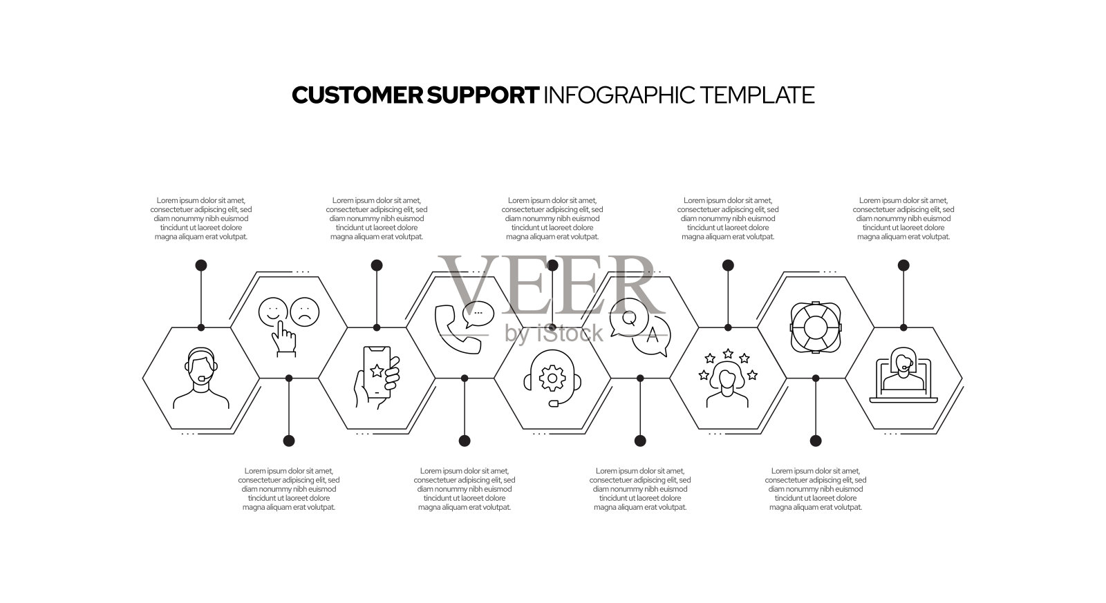 客户支持概念矢量线信息图形设计图标。9选项或步骤的介绍，横幅，工作流程布局，流程图等。插画图片素材