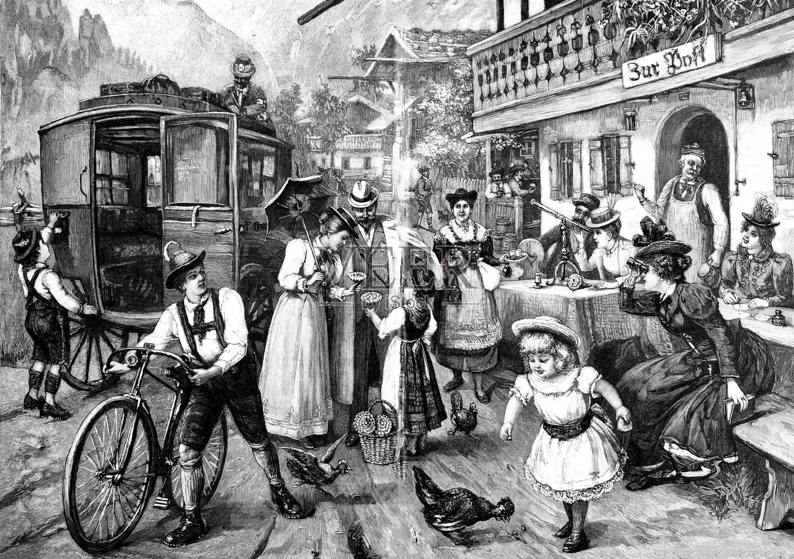 客人和旅客在酒店前插画图片素材