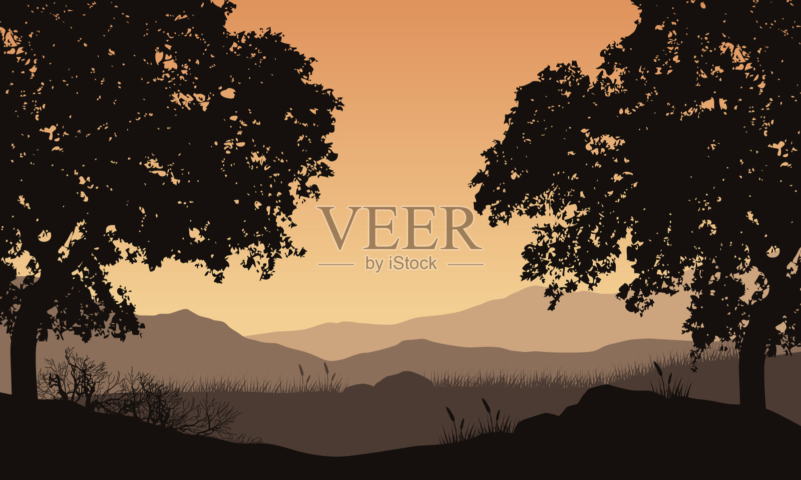 黄昏时群山的美丽景色插画图片素材