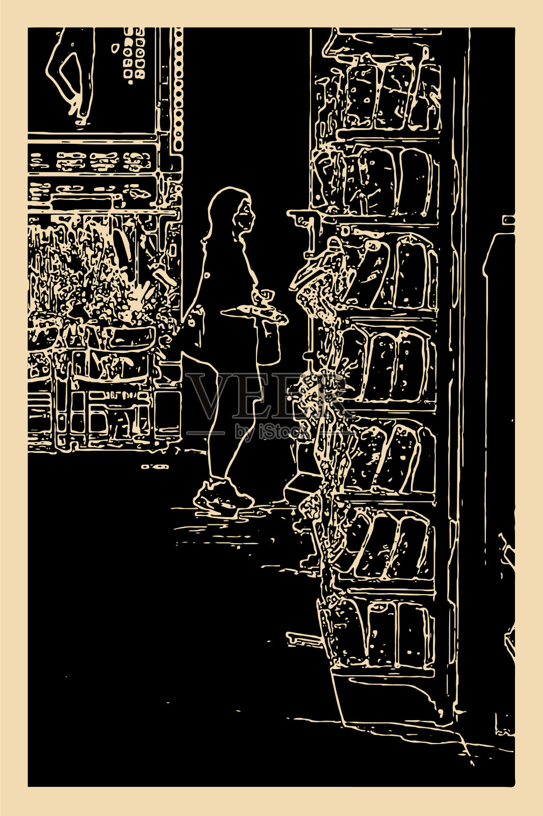 城市休闲时光概念，顾客坐在咖啡厅里，艺术勾勒出木刻风格插画图片素材